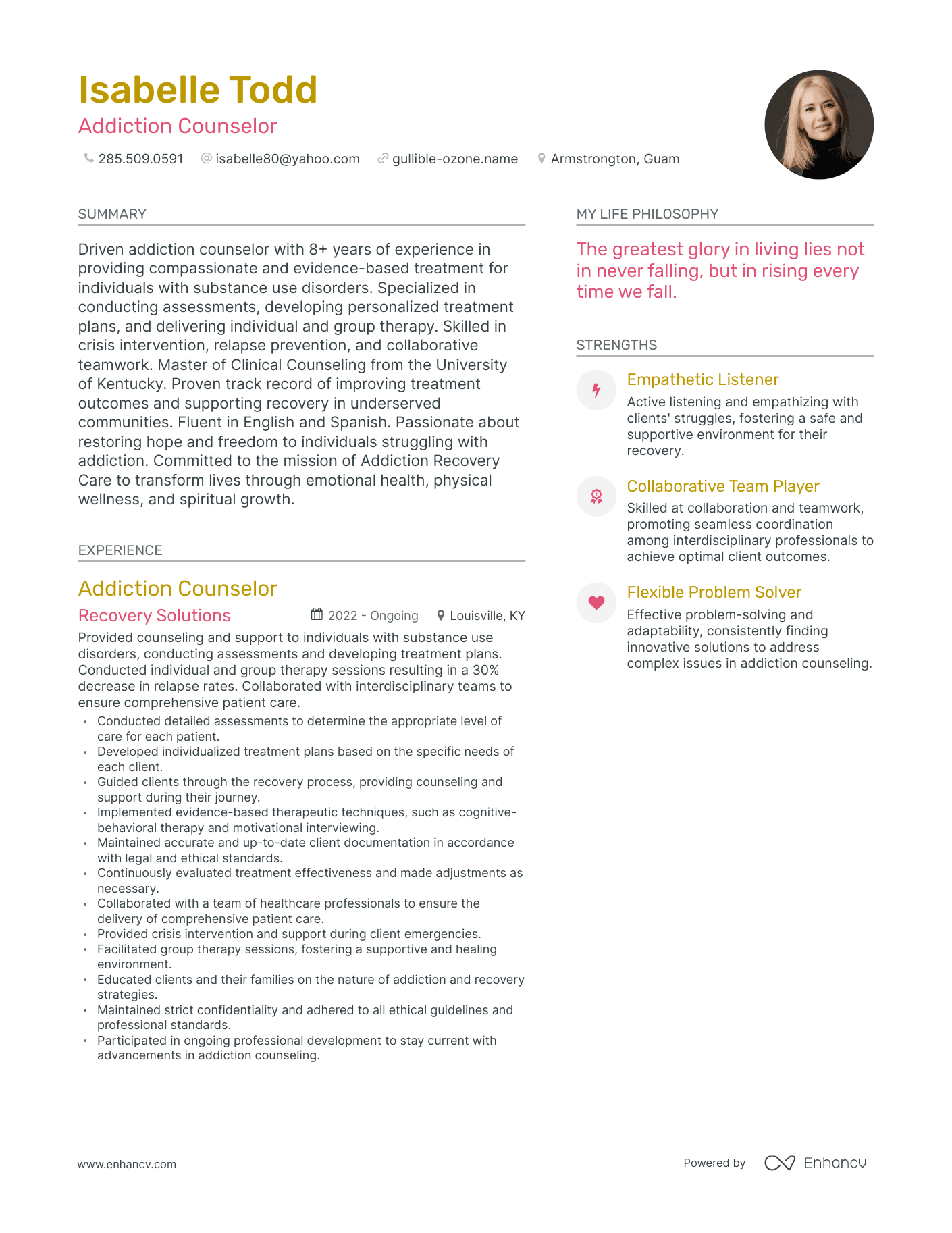 Addiction Counselor resume example