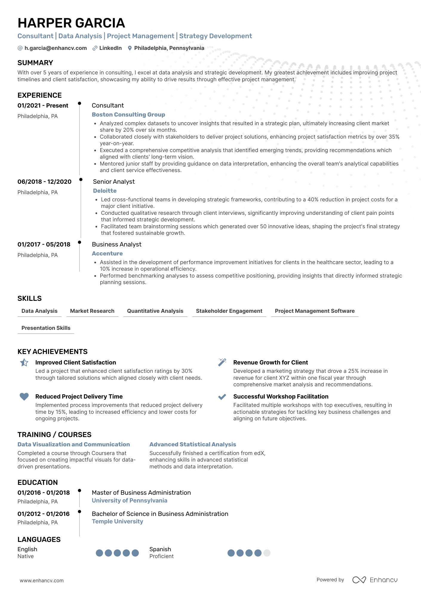 A single column timeline consulting resume template with blue accent colors.