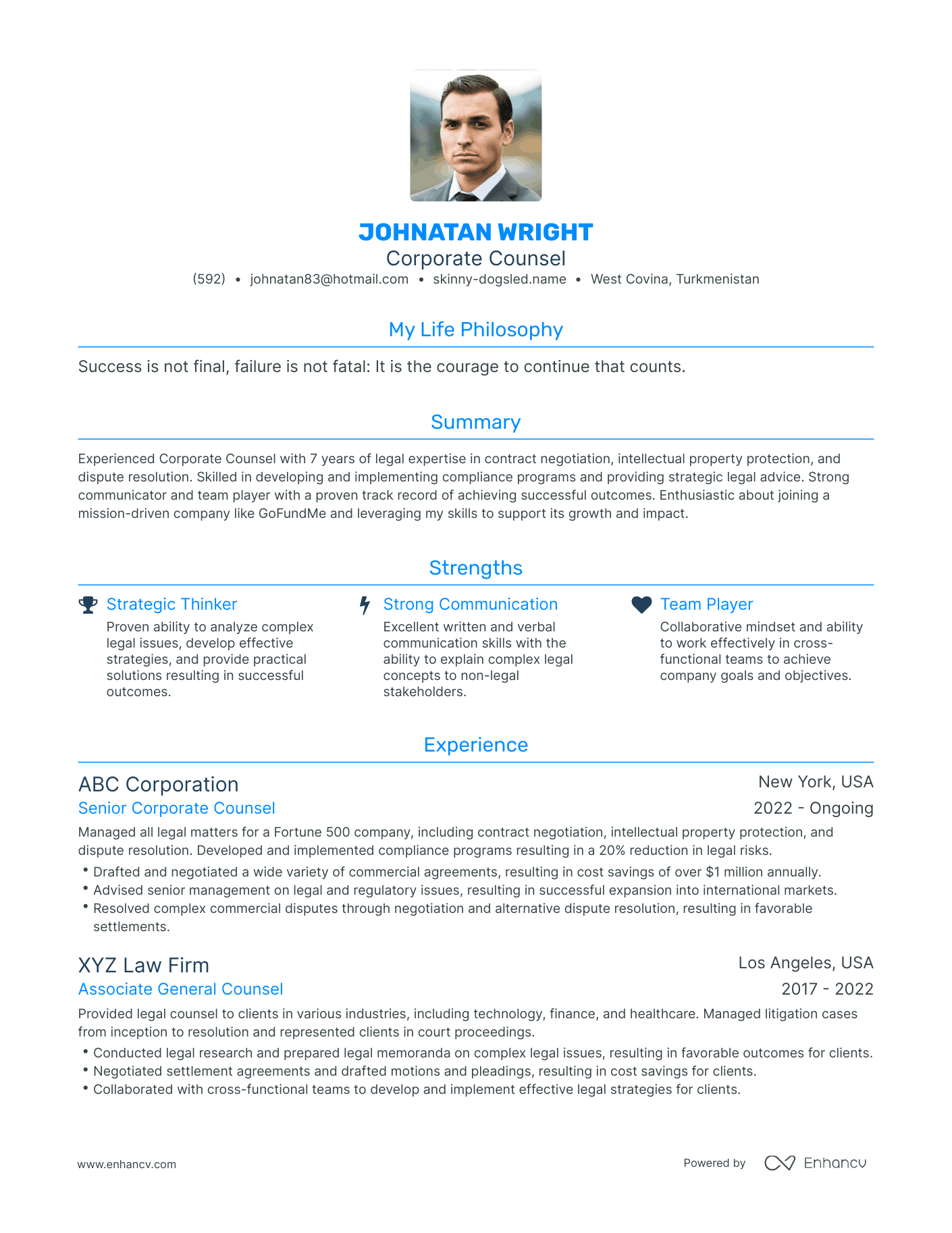 Modern Corporate Counsel Resume Example