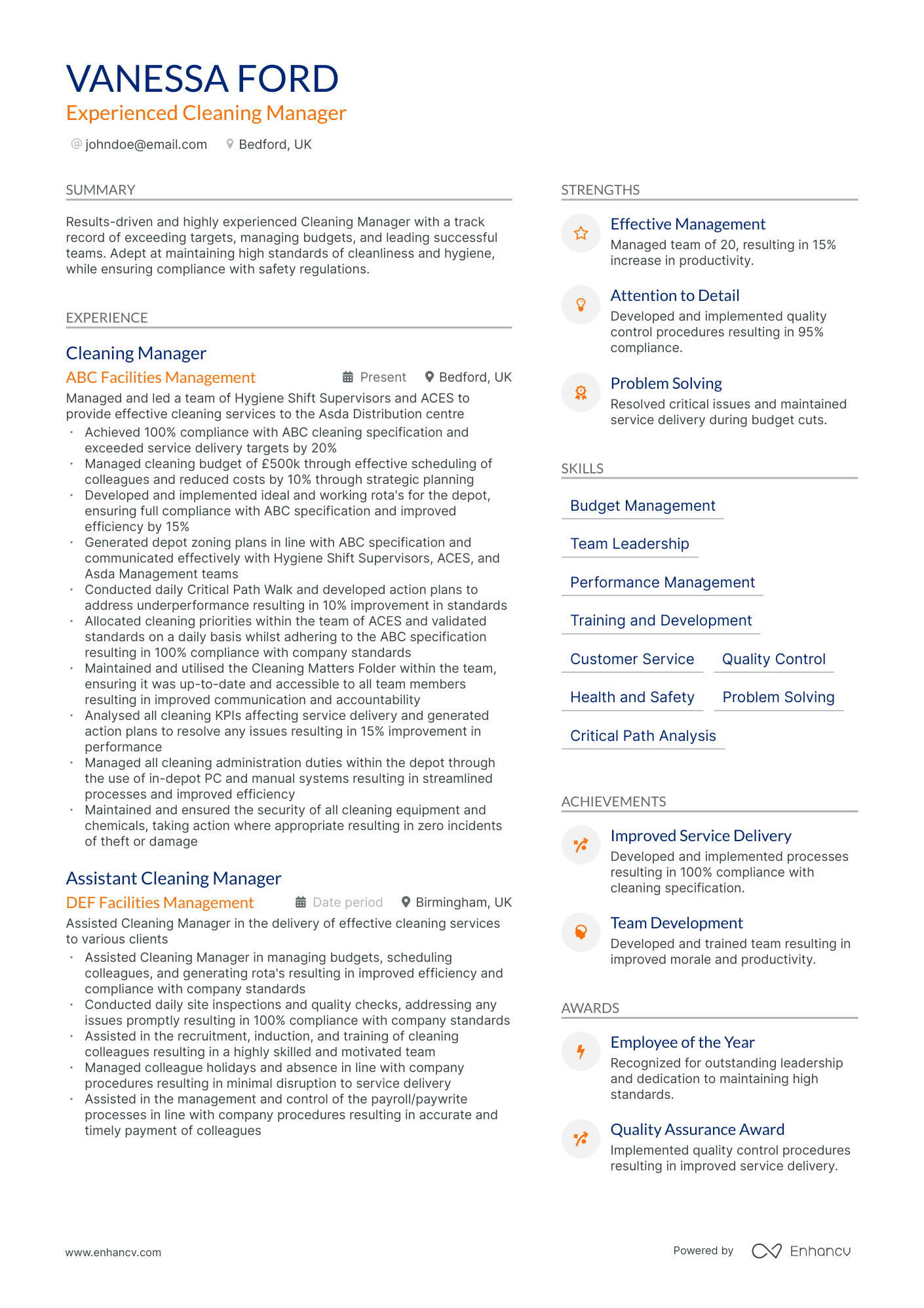 cleaning manager resume example