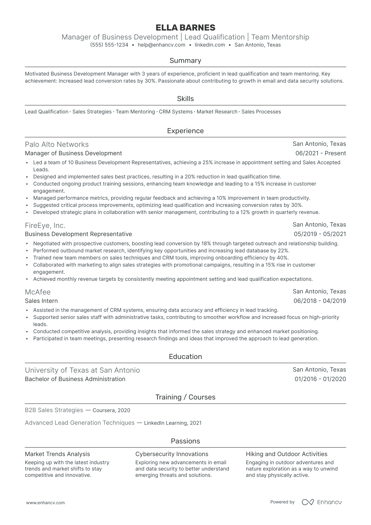 Inside Sales Business Development Manager resume example