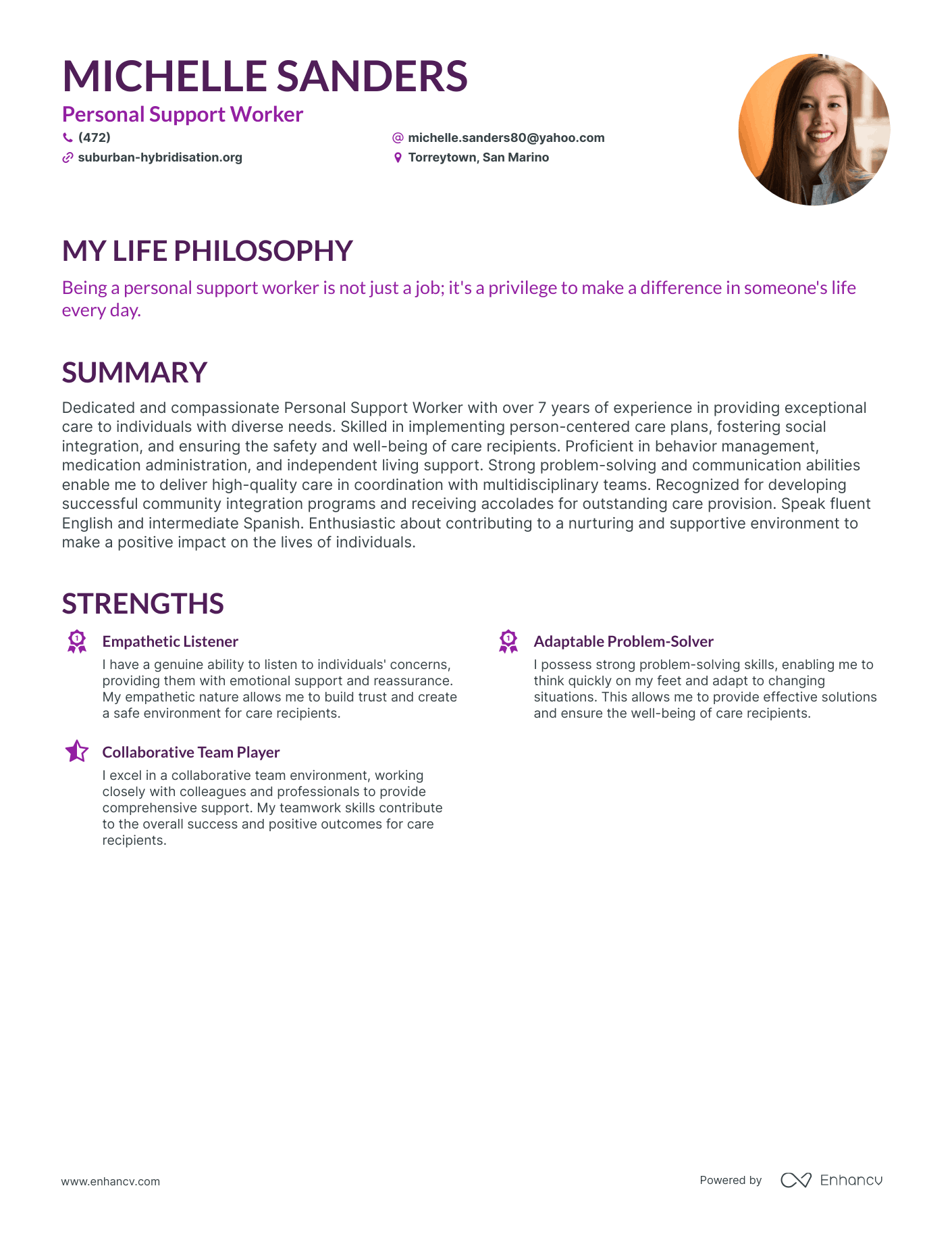 Creative Personal Support Worker Resume Example