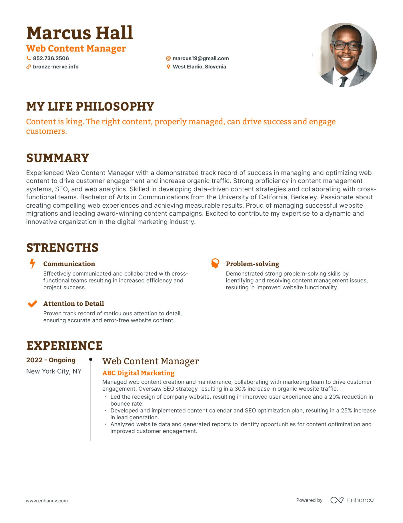 Creative Web Content Manager Resume Example