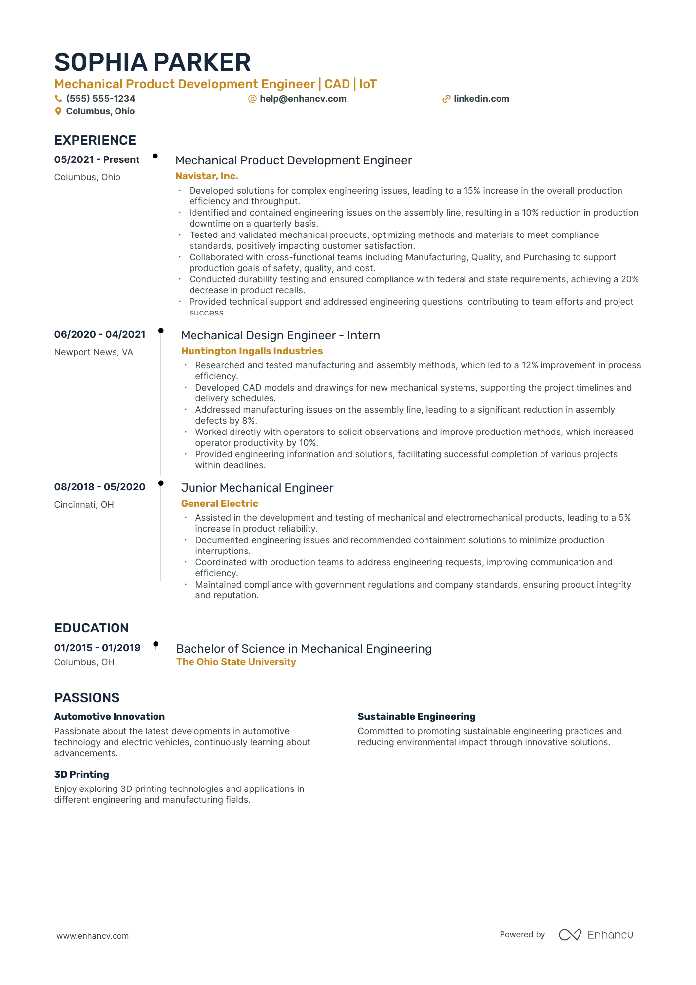 Mechanical Product Development Engineer resume example