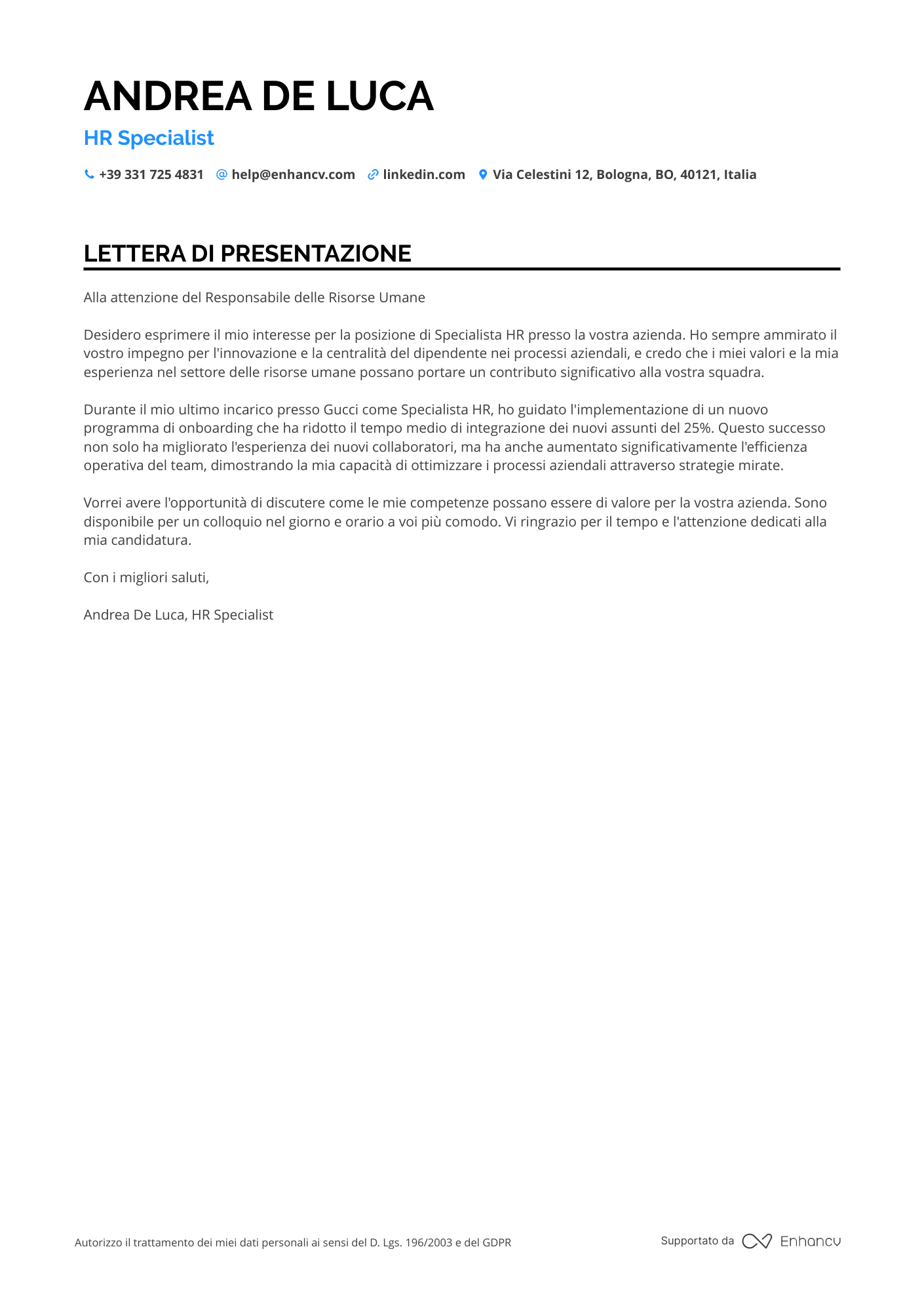 Risorse Umane Lettera di presentazione