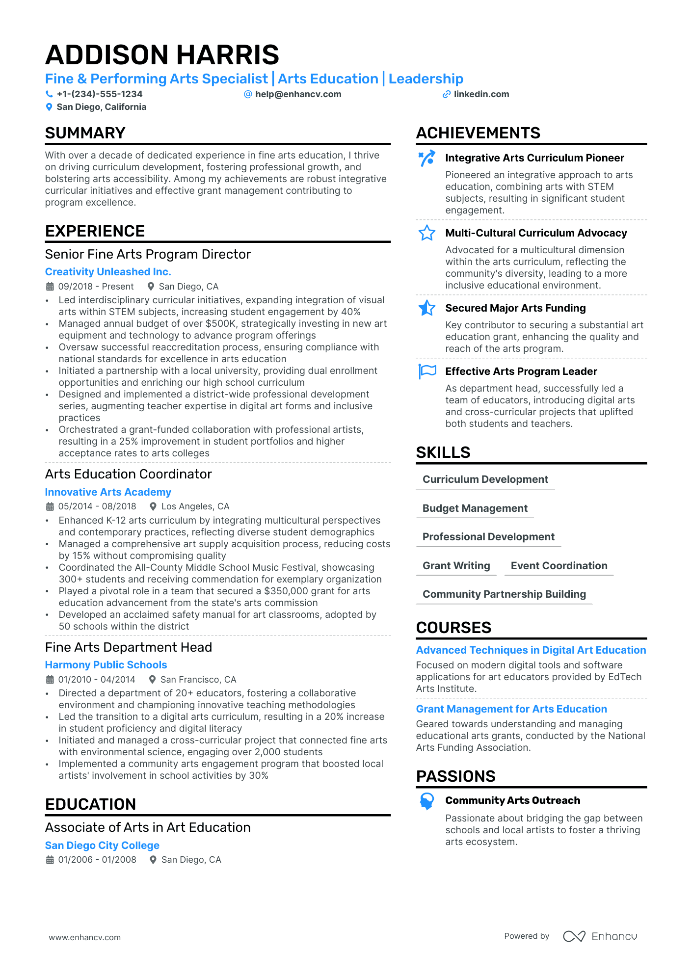 Performing Arts resume example