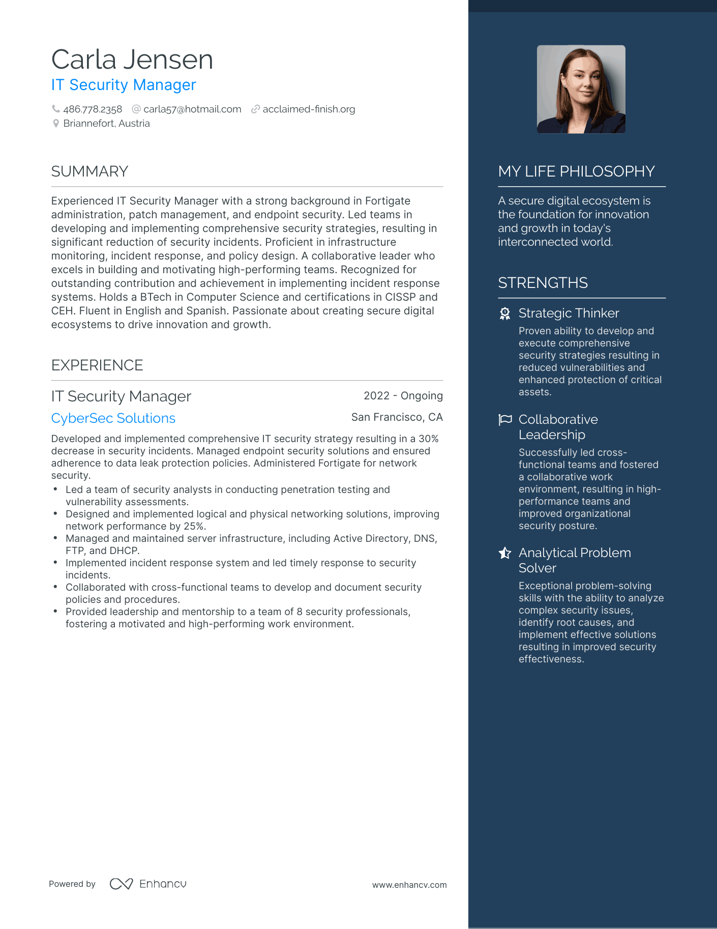 Modern IT Security Manager Resume Example