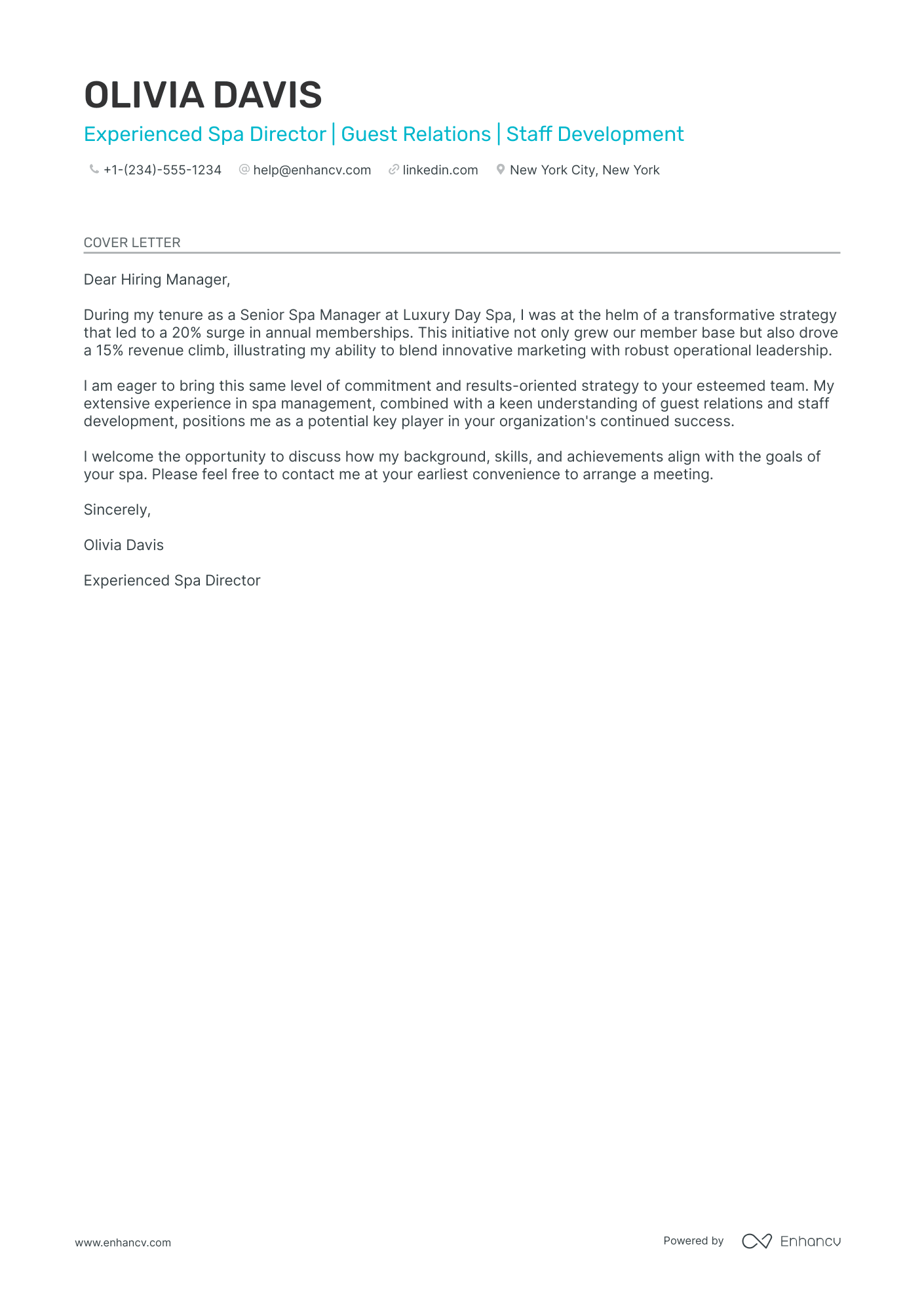 Spa Director cover letter