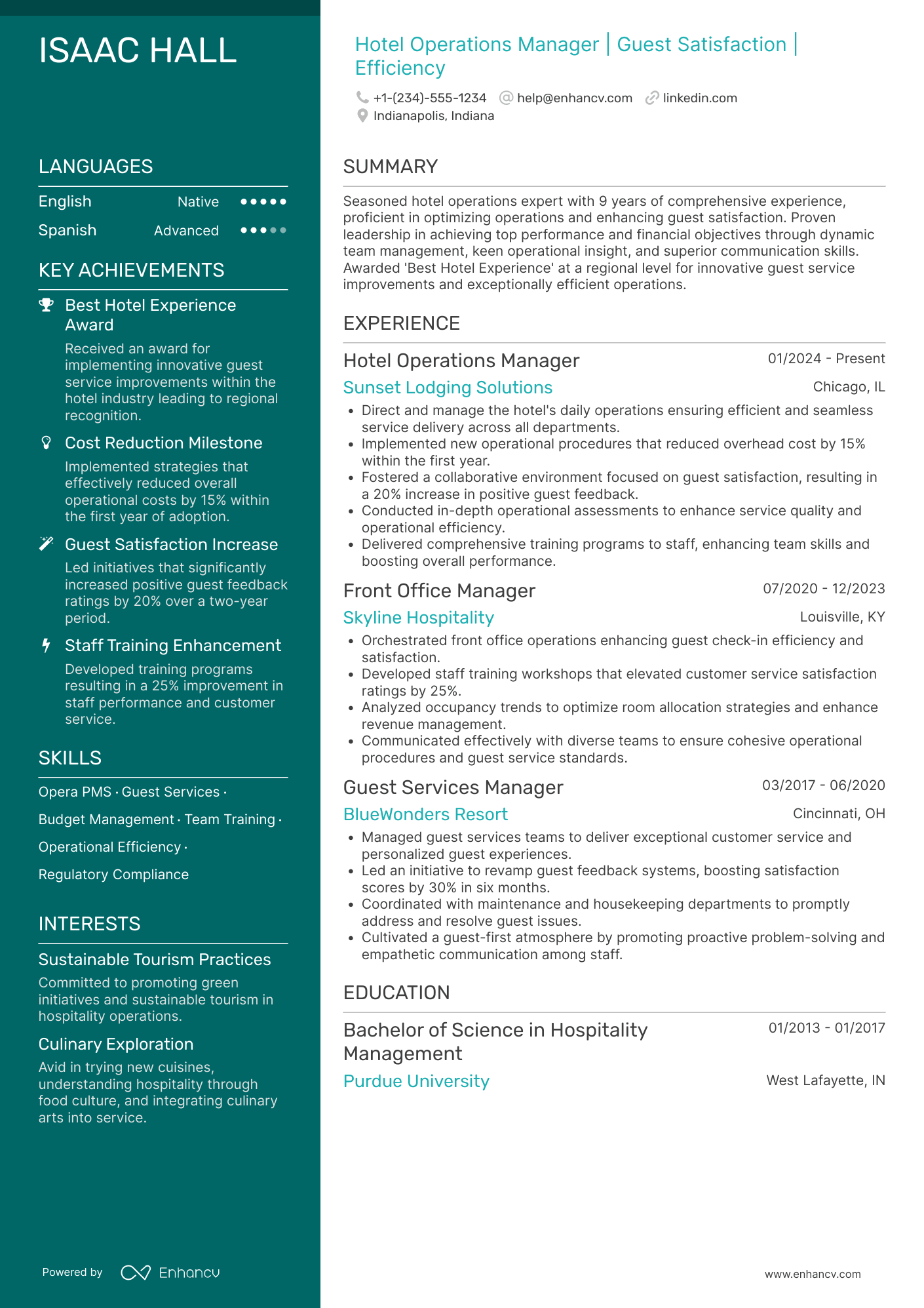 Hotel Operations Manager resume example