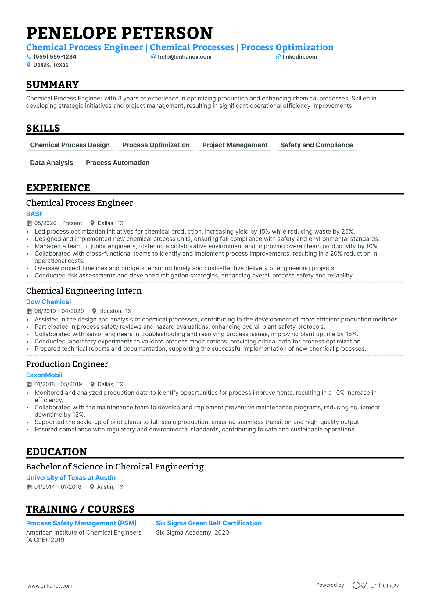 Chemical Engineering Manager resume example