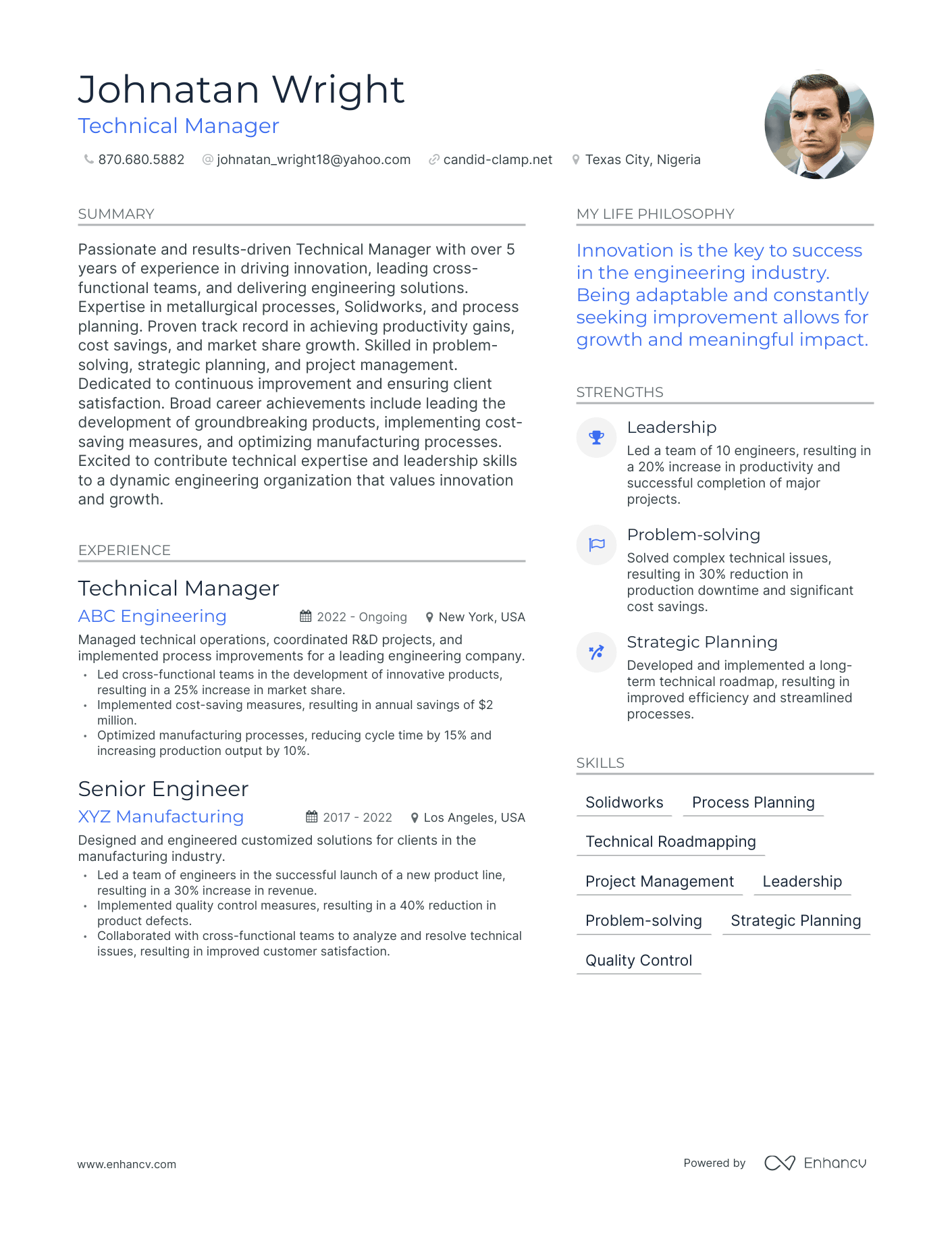 Technical Manager resume example
