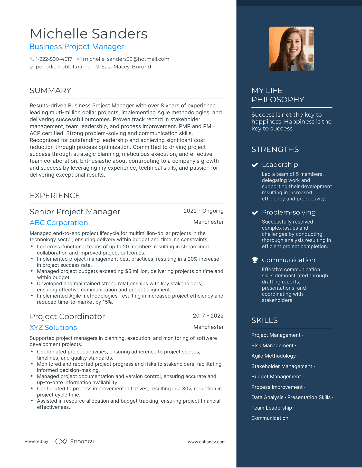 Modern Business Project Manager Resume Example
