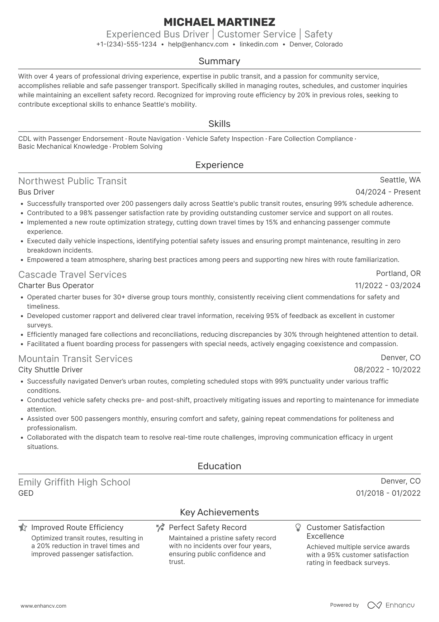 Bus Driver resume example