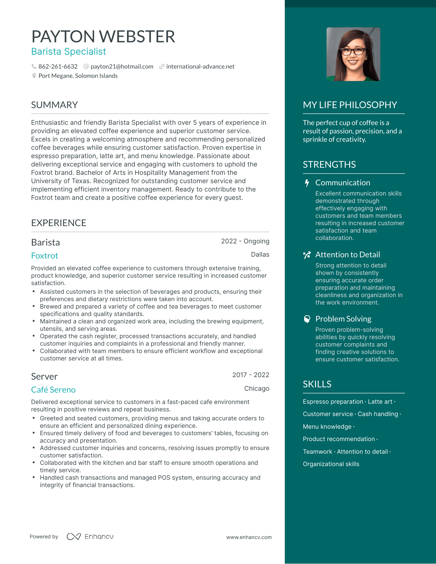 Barista Specialist resume example