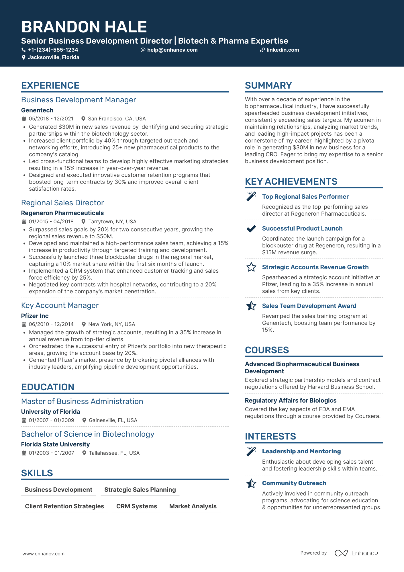A double column resume template with a navy colored resume header.