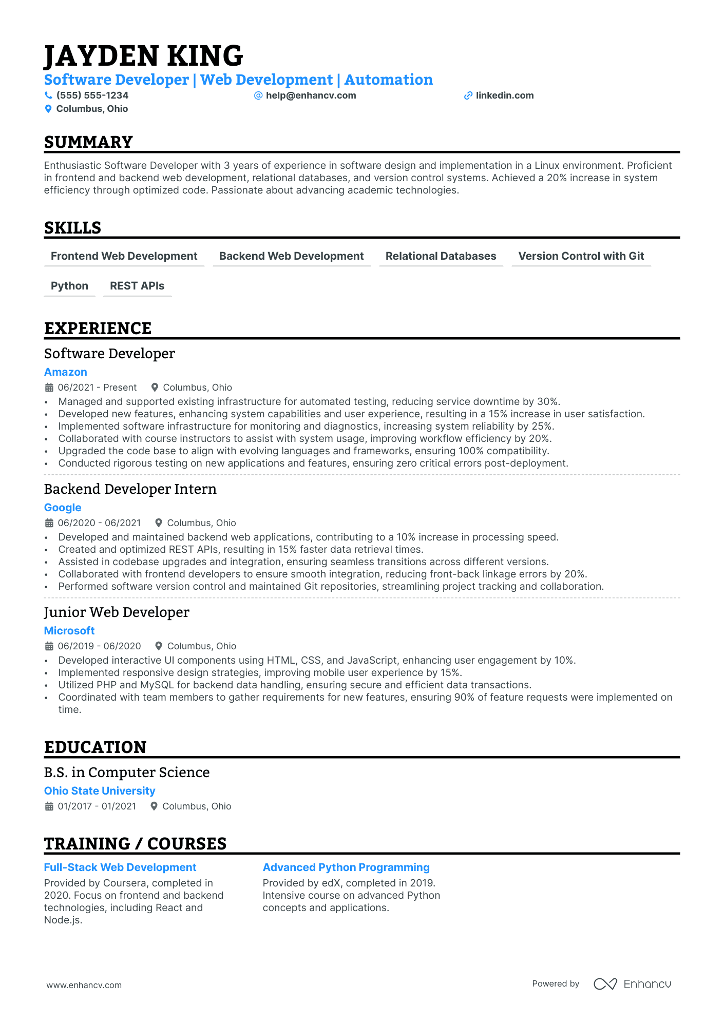 Web Software Developer resume example