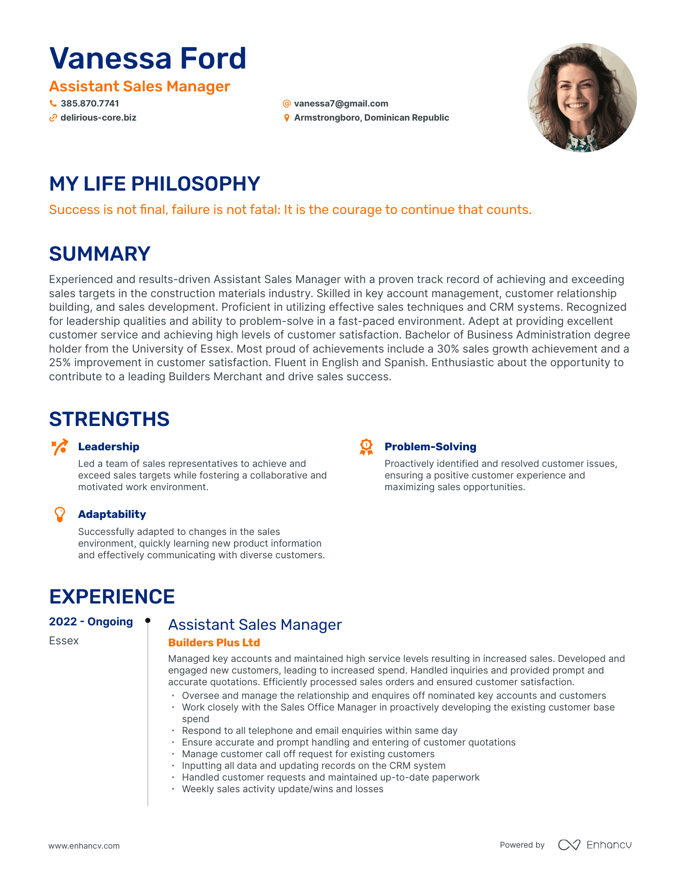 Creative Assistant Sales Manager Resume Example