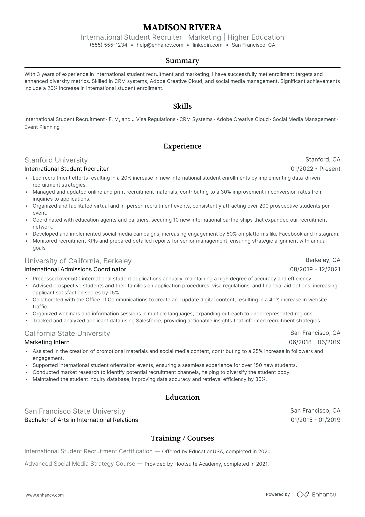 International Recruiter resume example