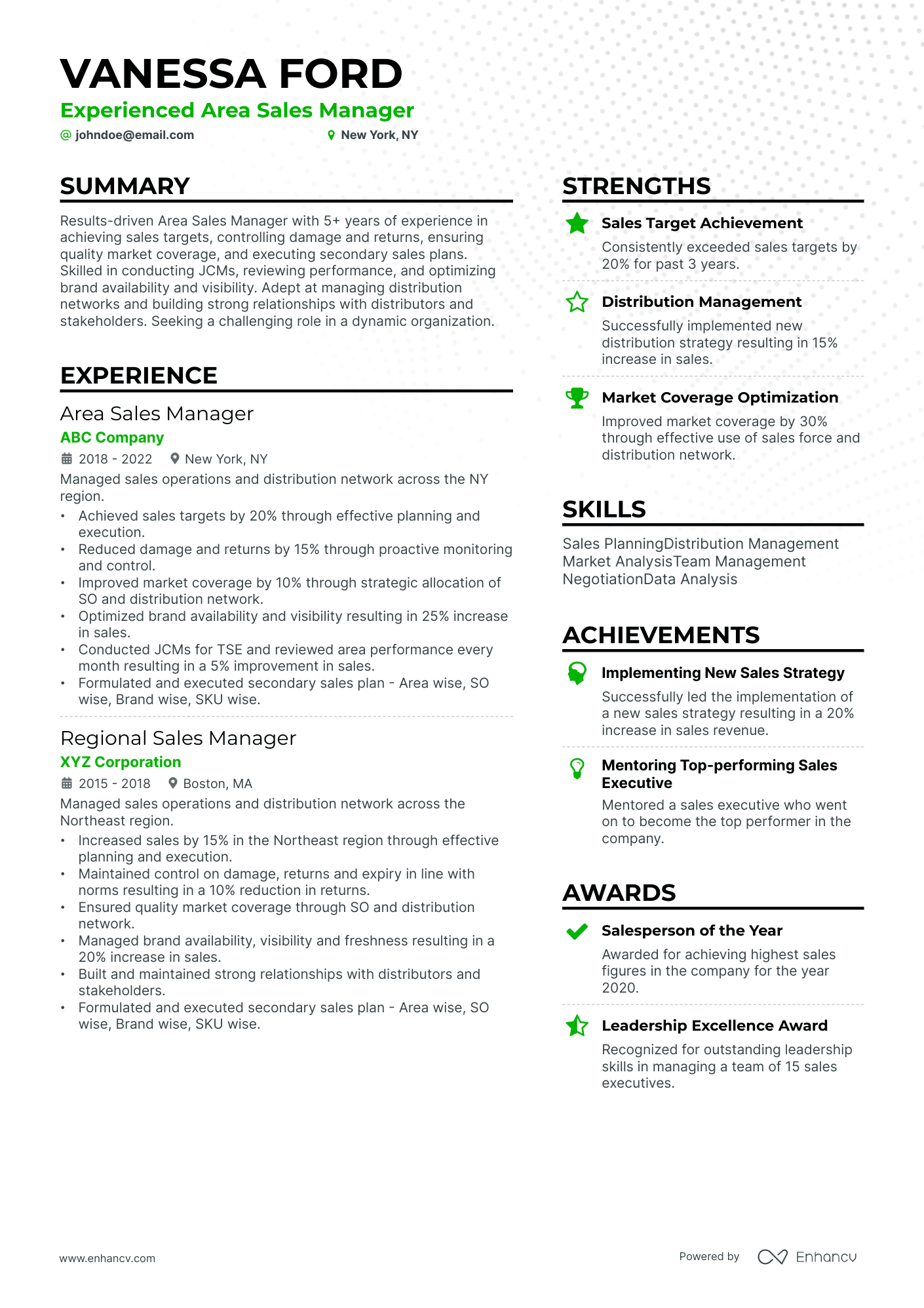Area Sales Manager resume example