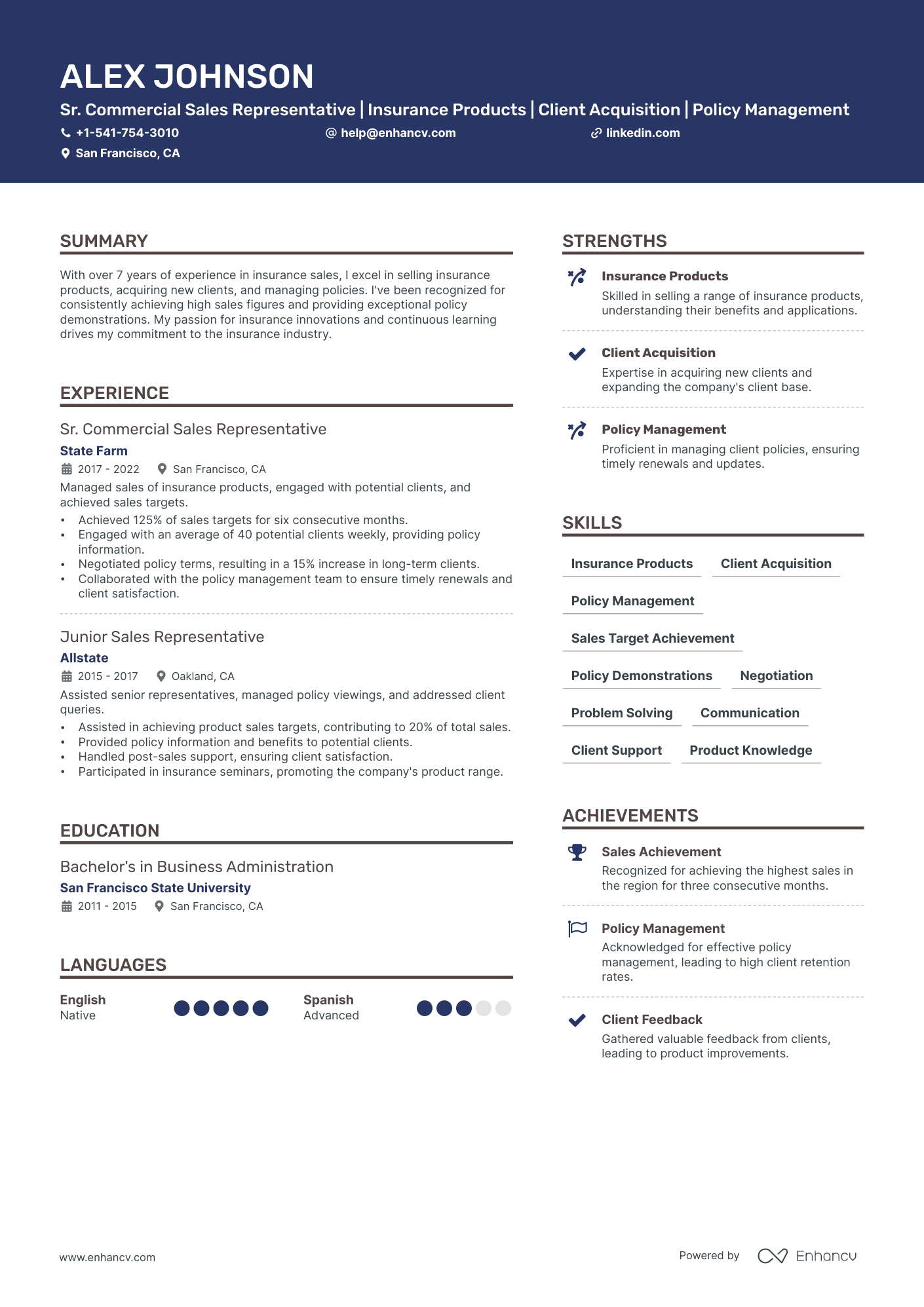 Insurance Sales resume example