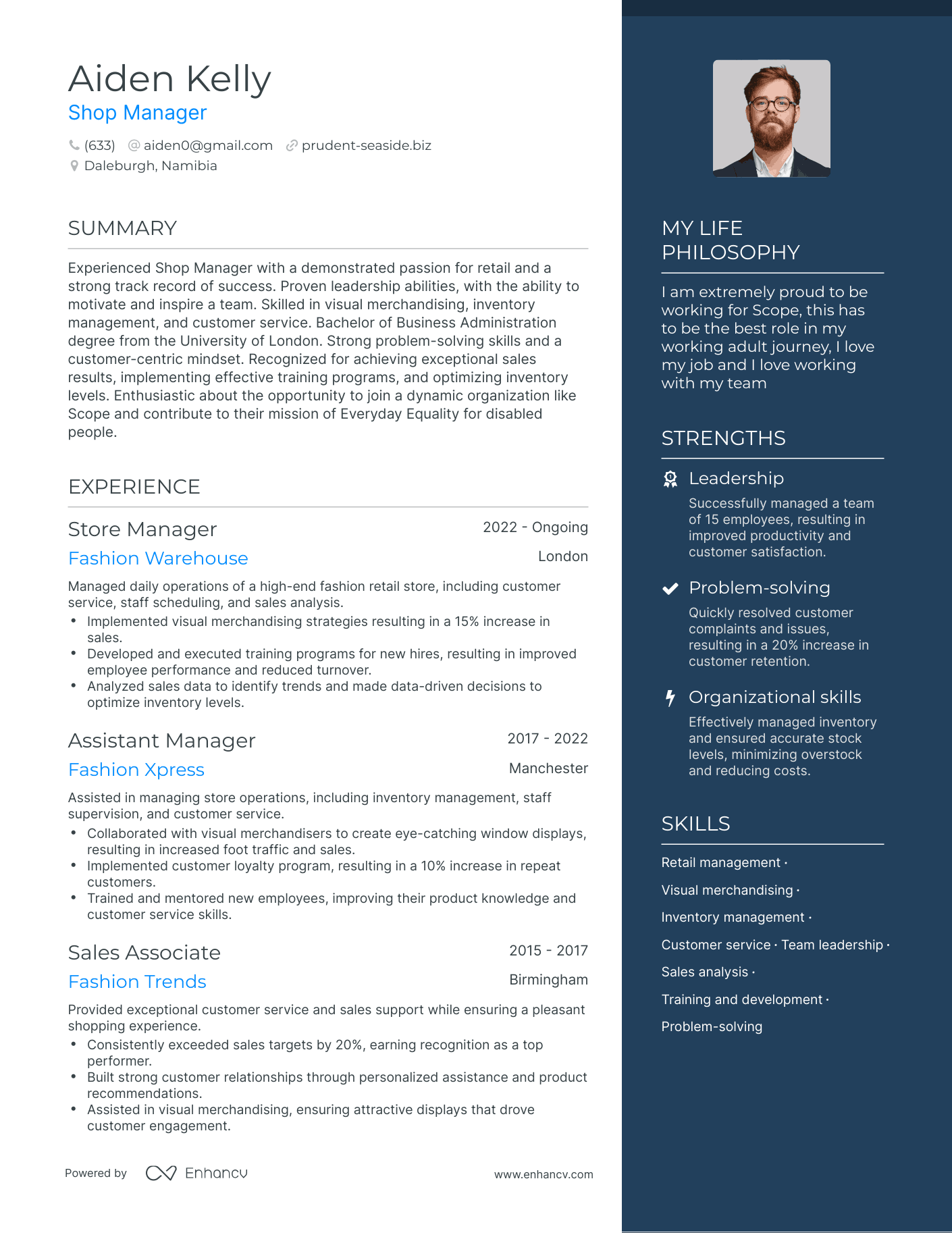 Shop Manager resume example