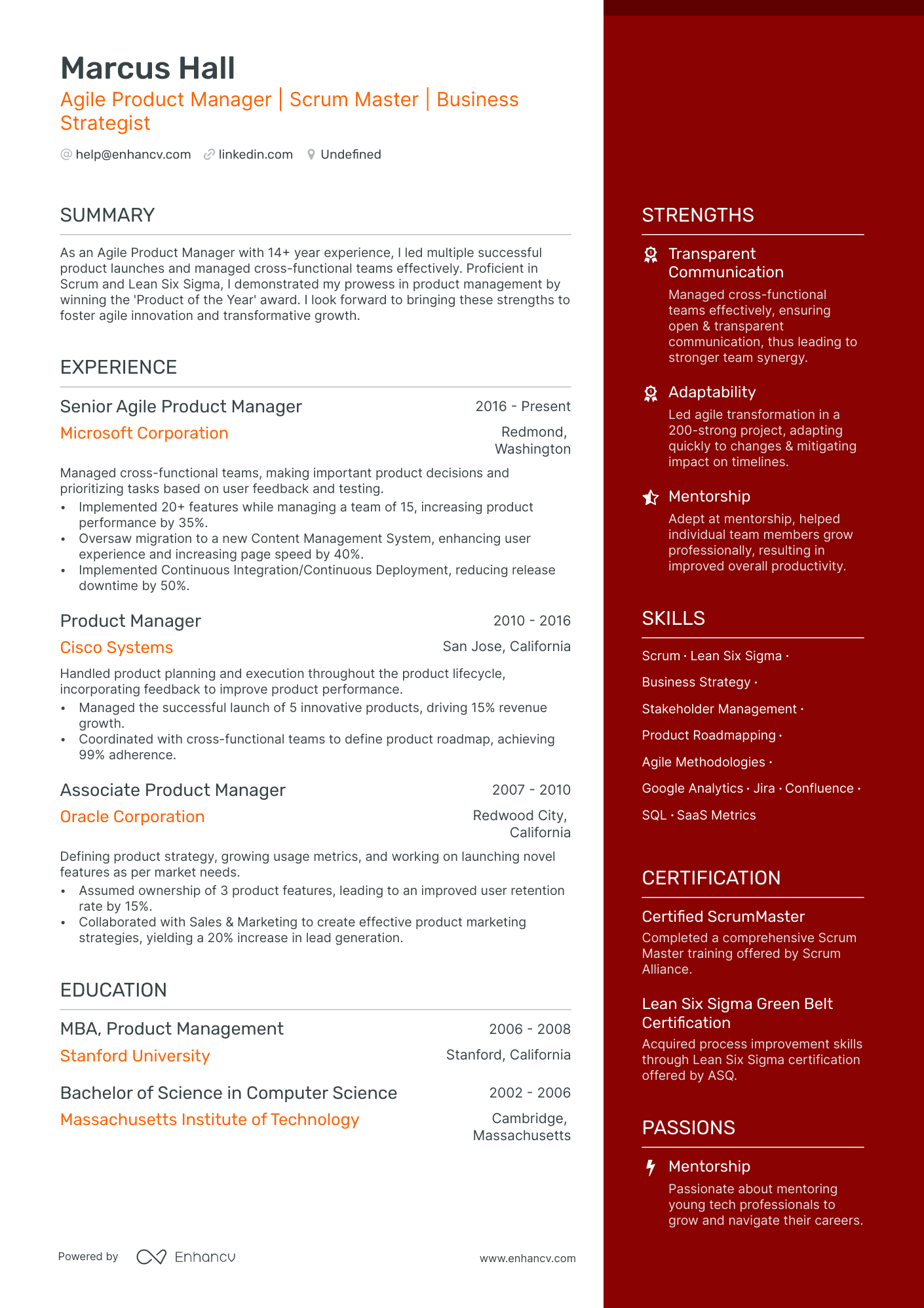 Agile Product Manager resume example