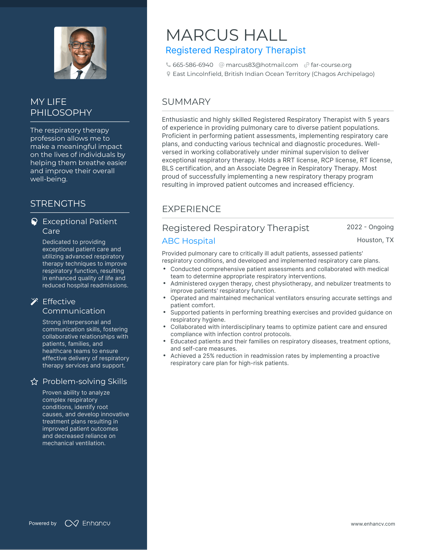 Registered Respiratory Therapist resume example