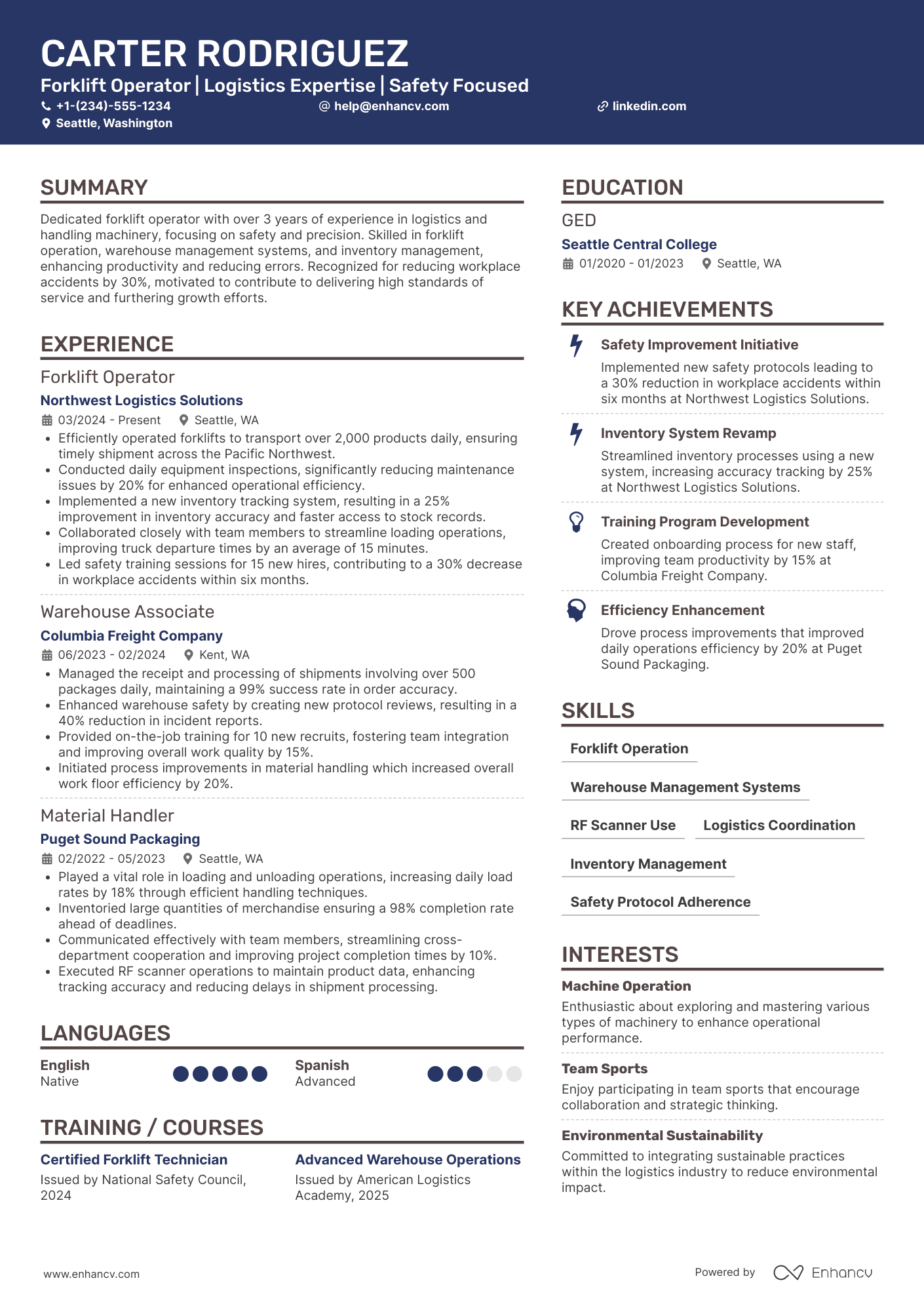 Forklift Operator resume example