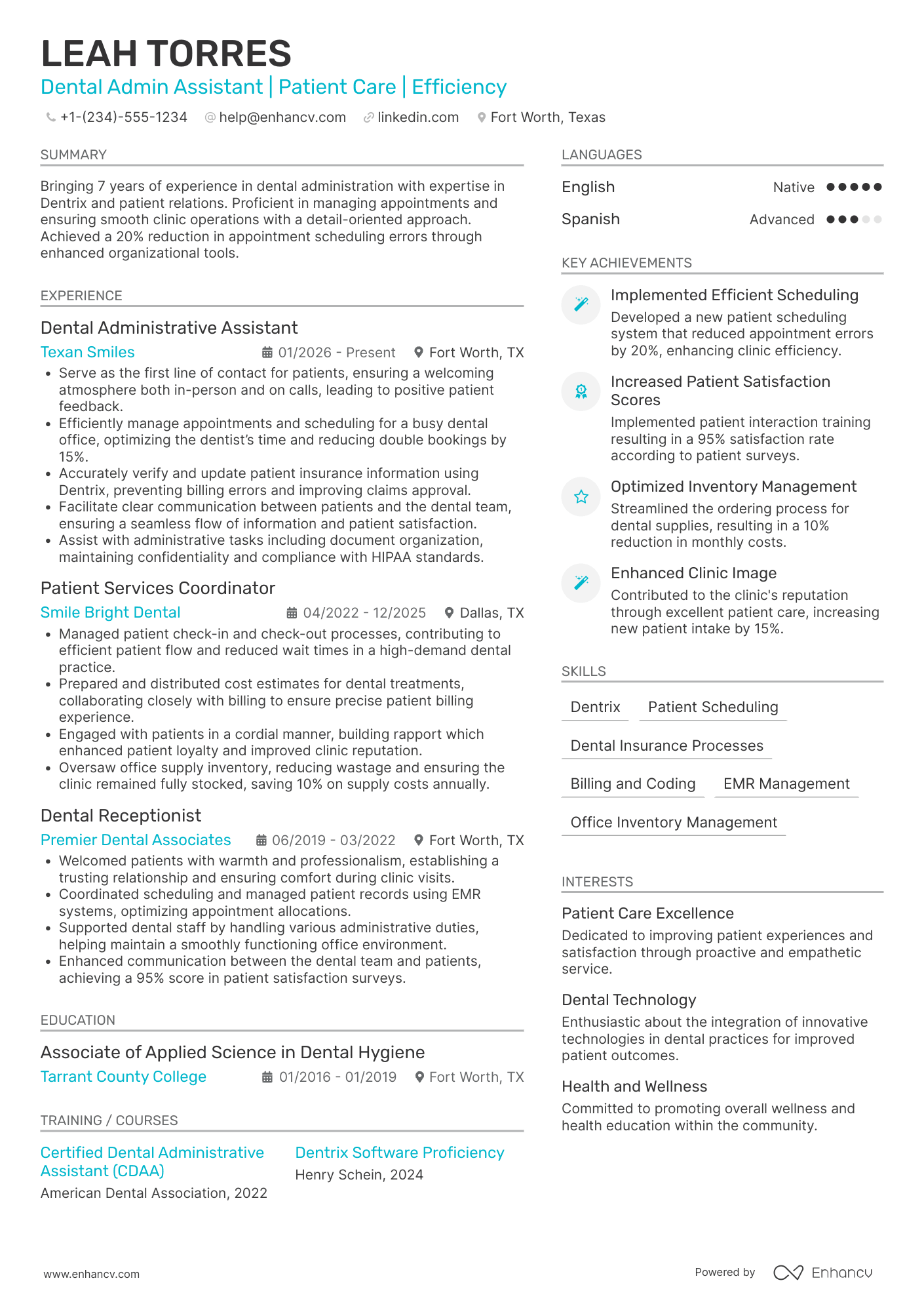 Dental Administrative Assistant resume example