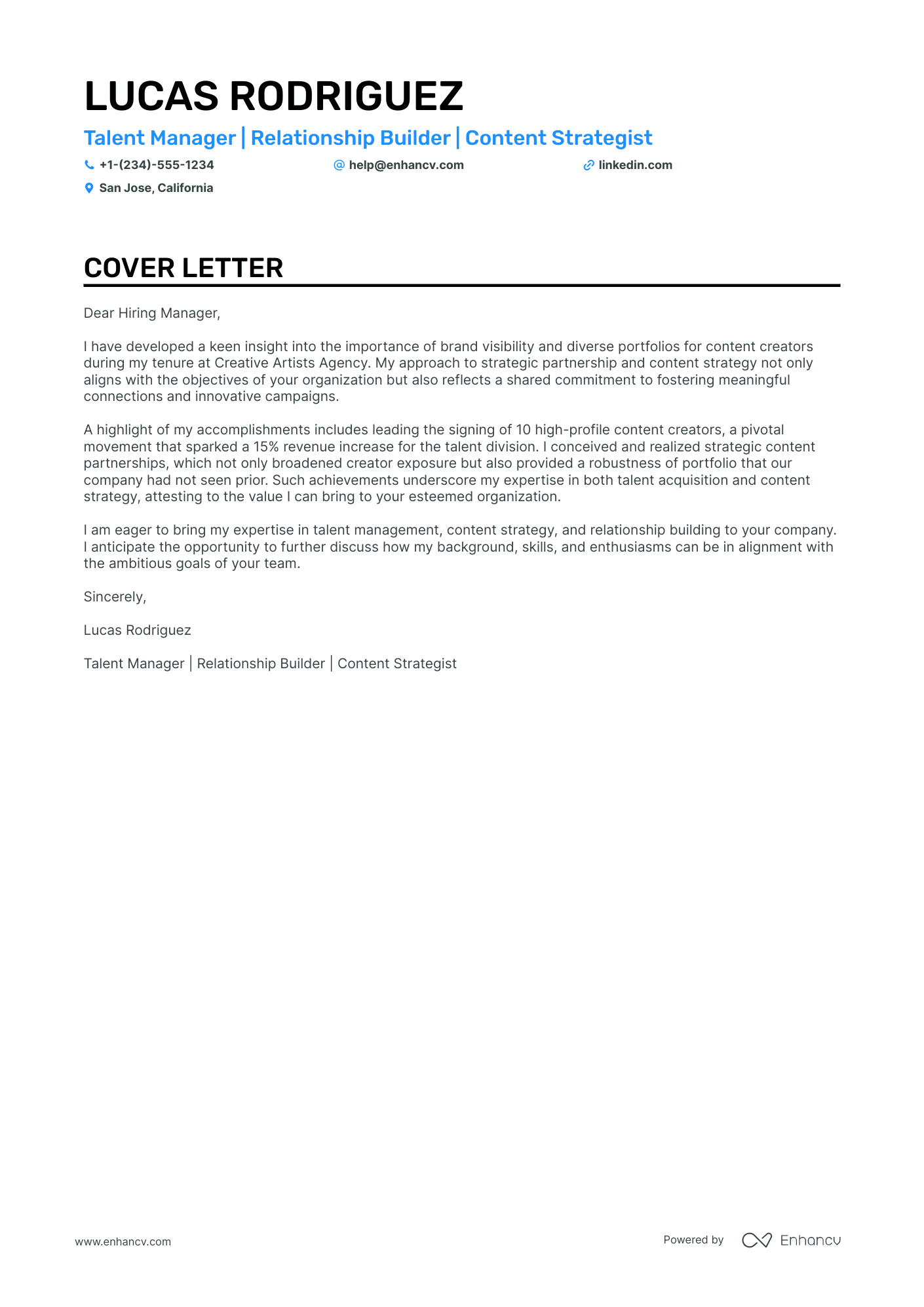 Talent Manager cover letter