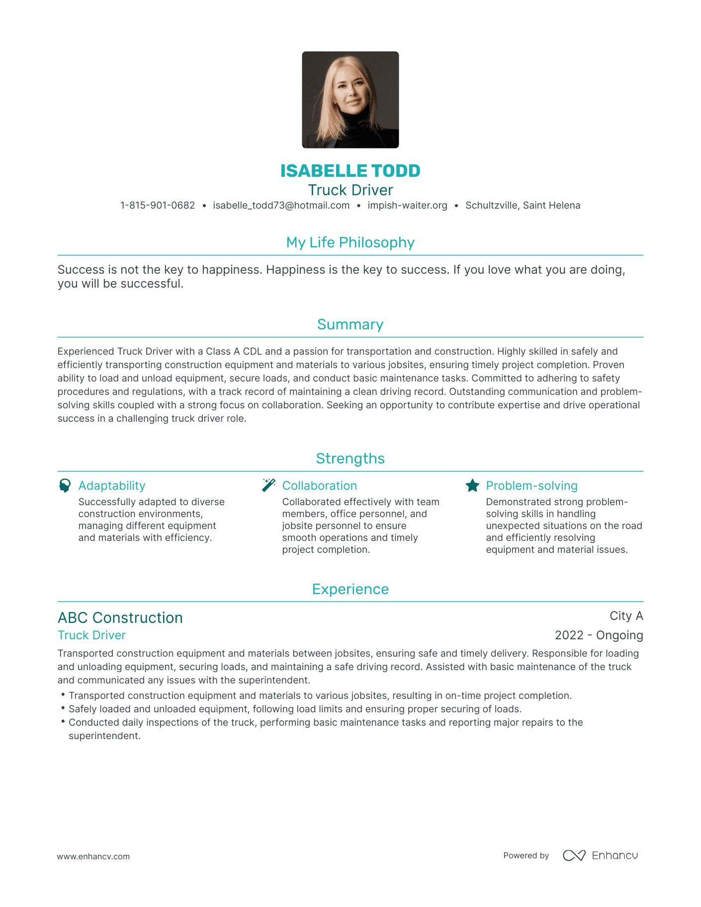 Modern Truck Driver Resume Example