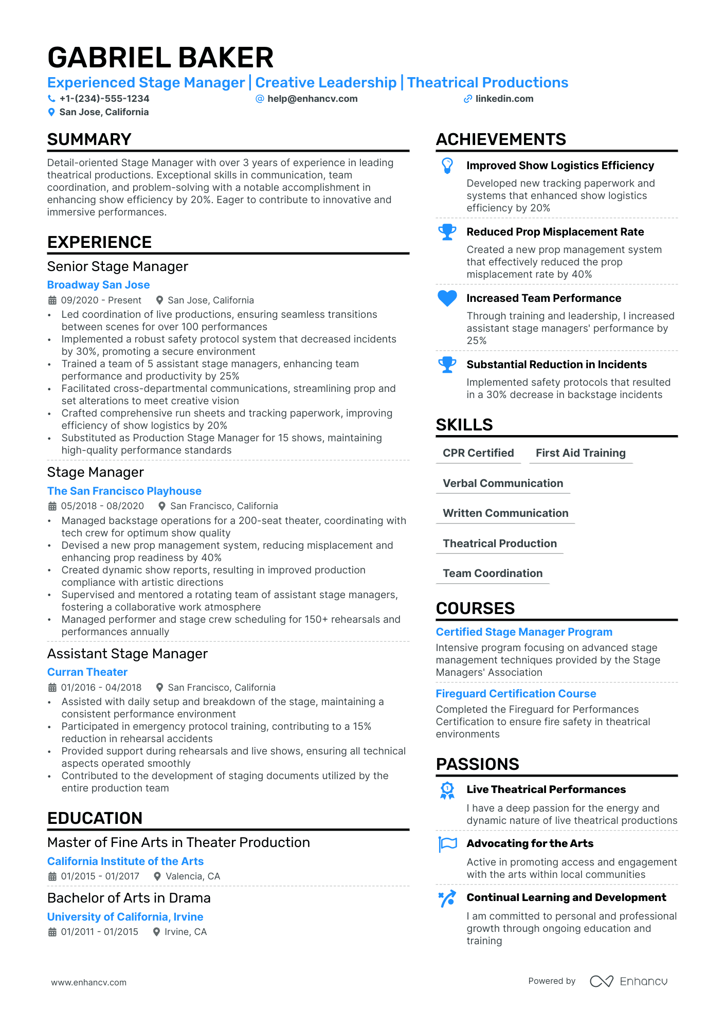 Stage Manager resume example