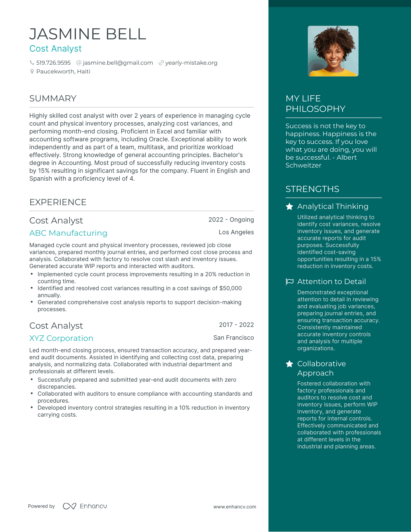 Modern Cost Analyst Resume Example