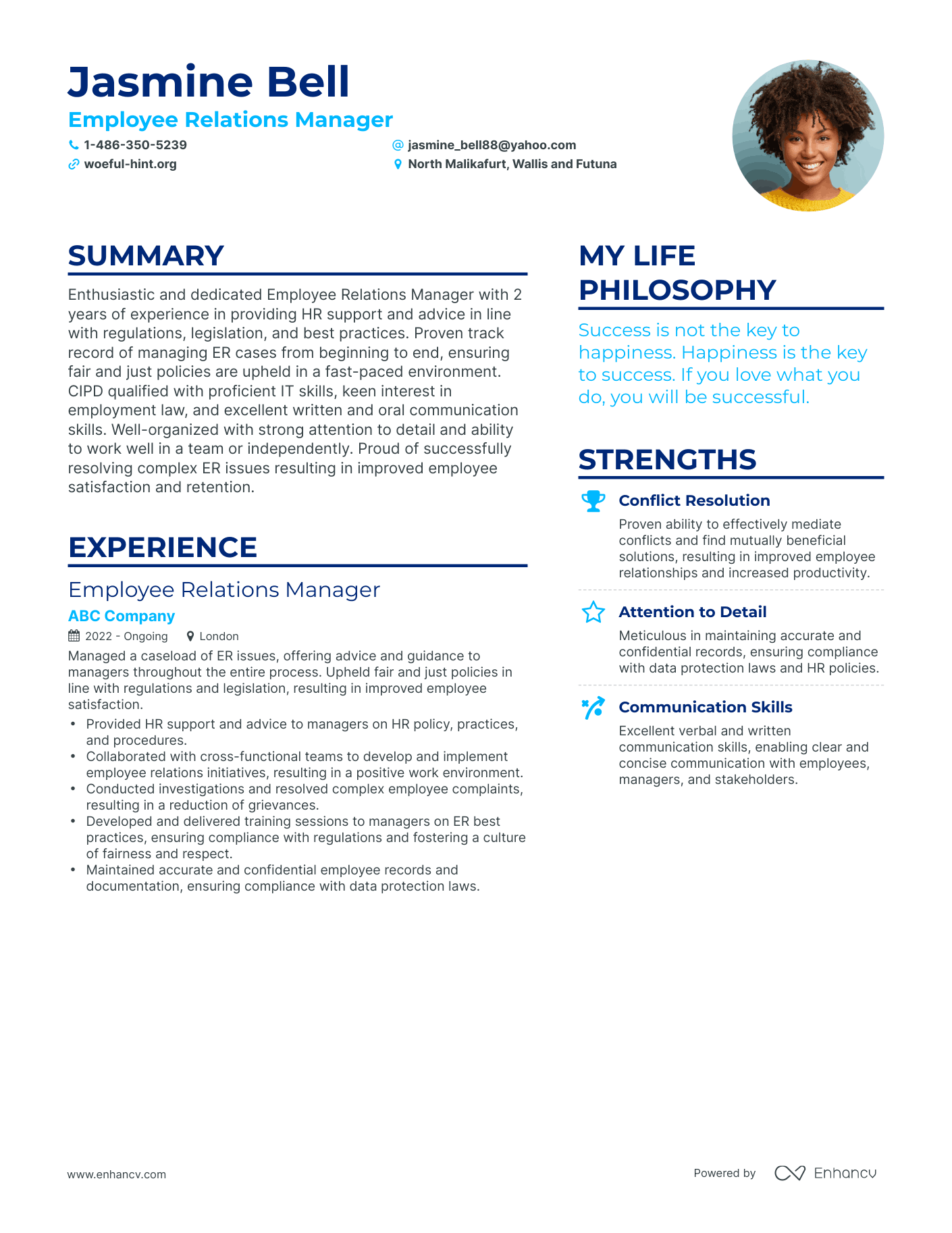Employee Relations Manager resume example