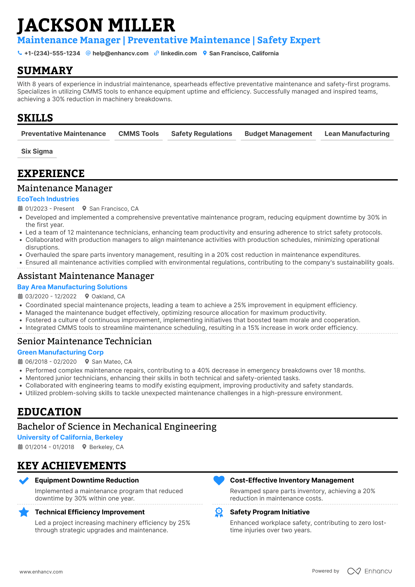 Maintenance Manager resume example