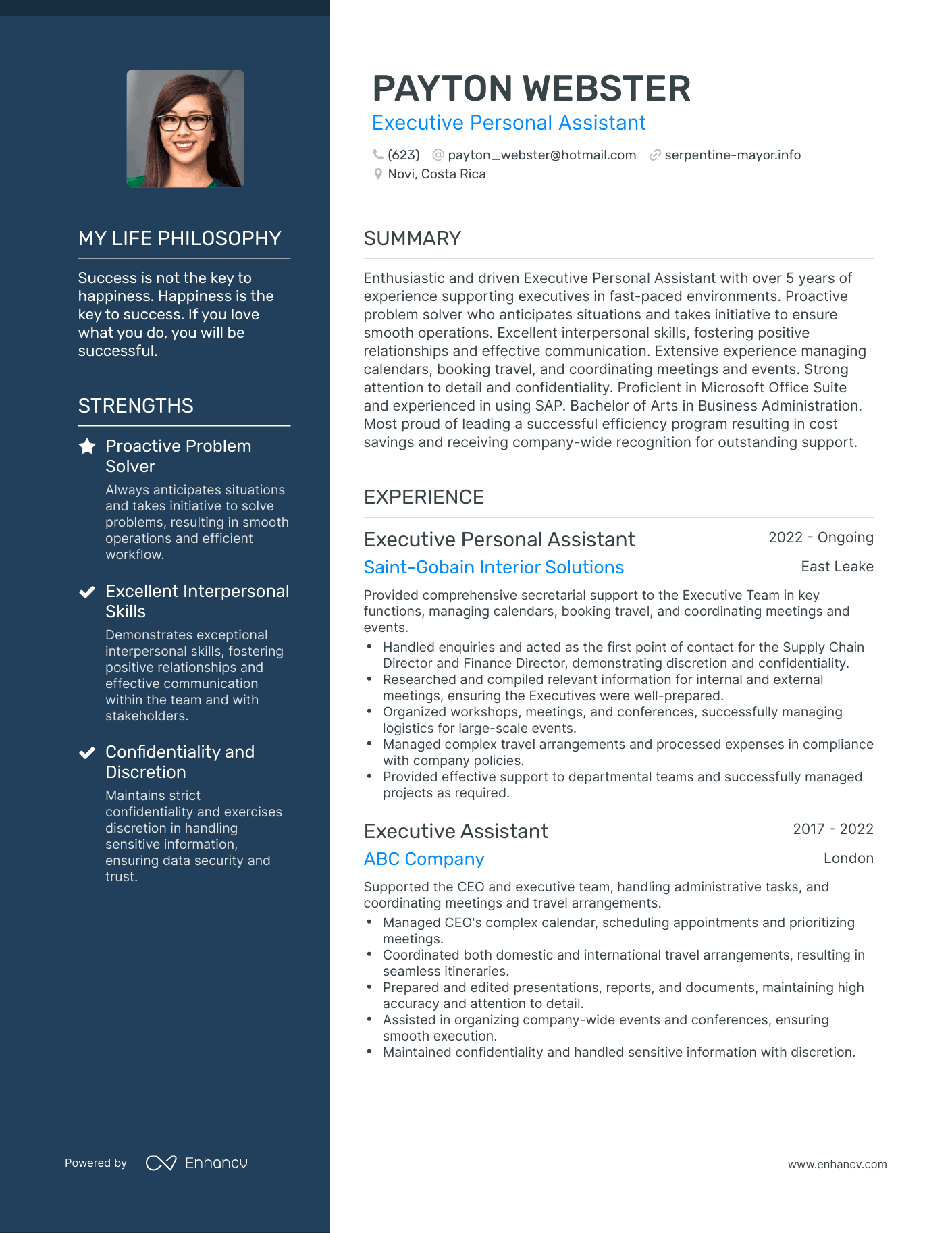 Executive Personal Assistant resume example