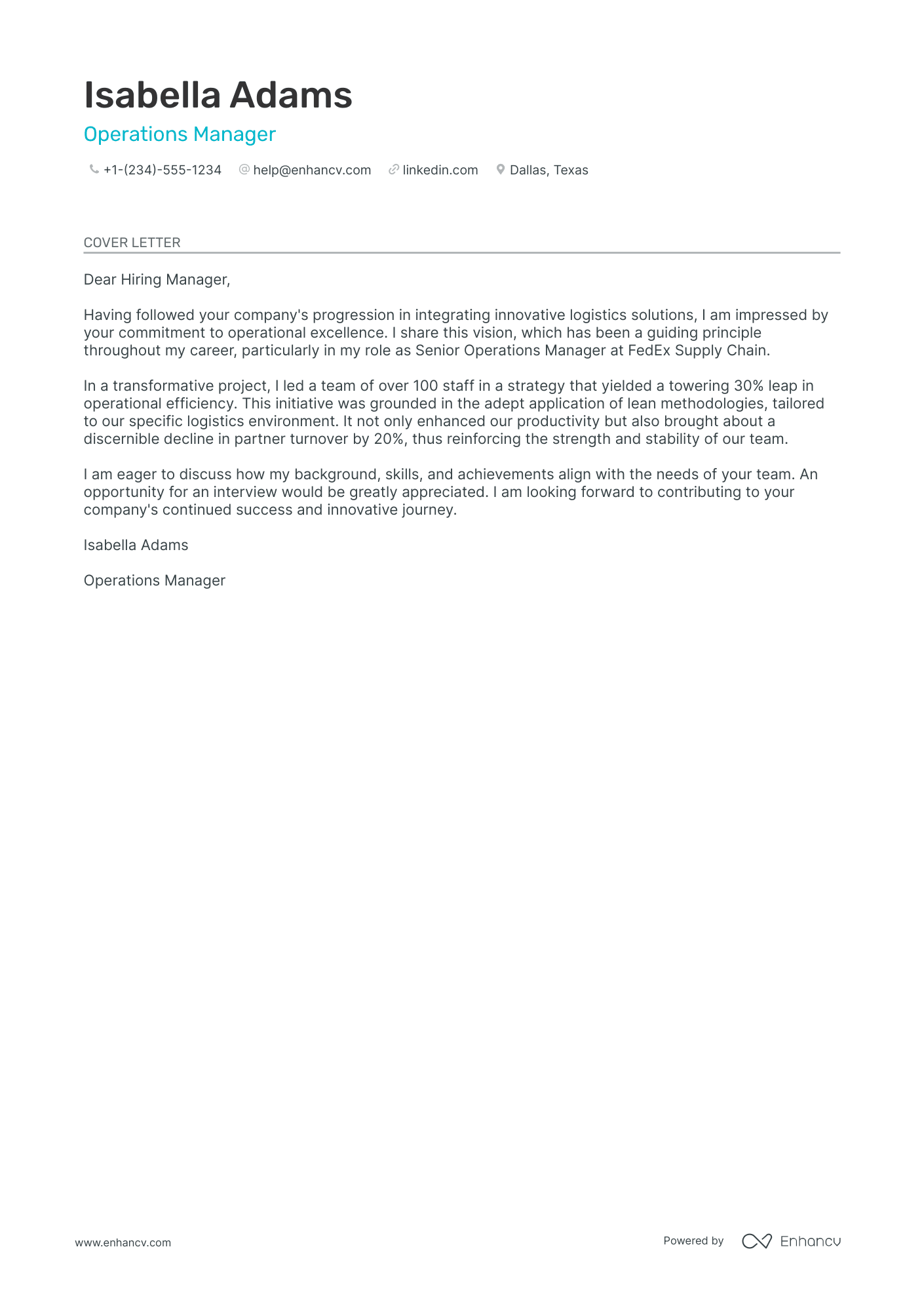 Transportation Operations Manager cover letter