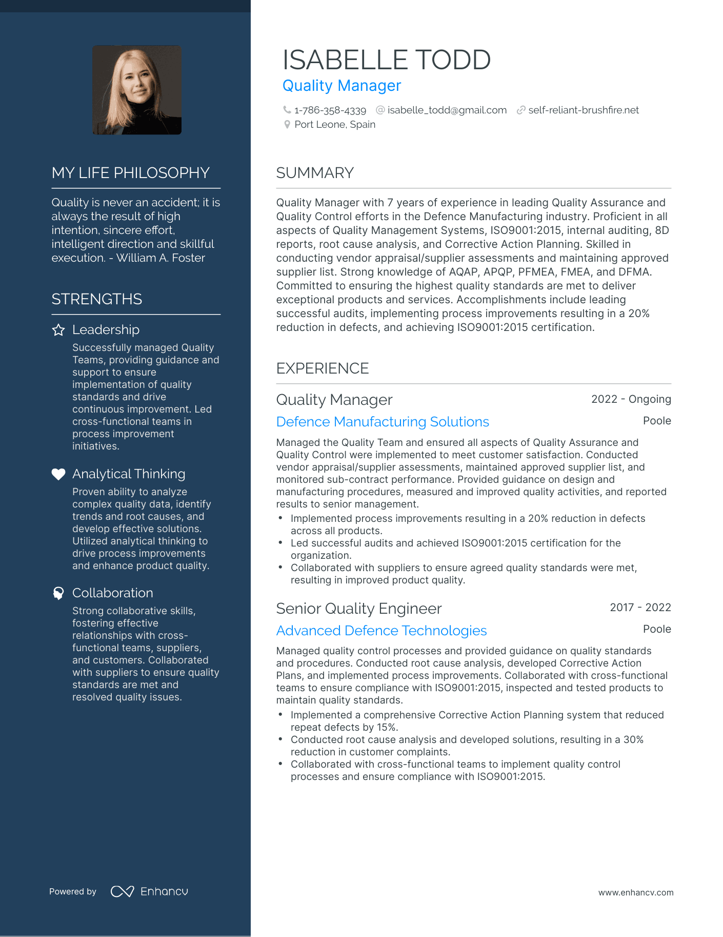 Quality Manager resume example