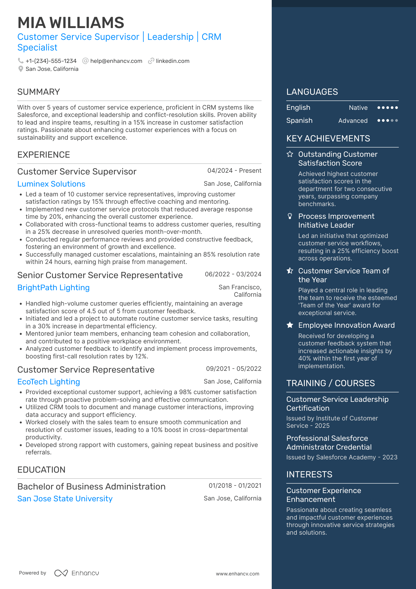 Customer Service Supervisor resume example