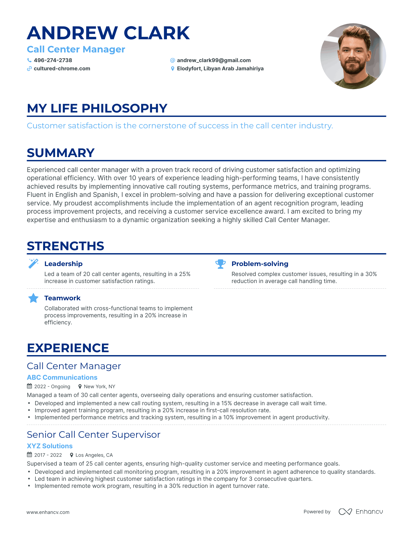 Creative Call Center Manager Resume Example