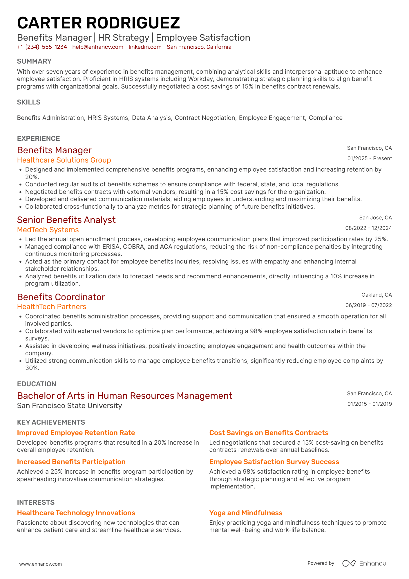 Benefits Manager resume example
