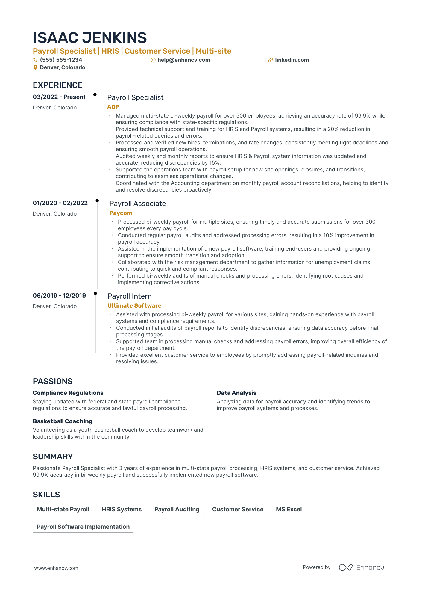 Senior Payroll Specialist resume example