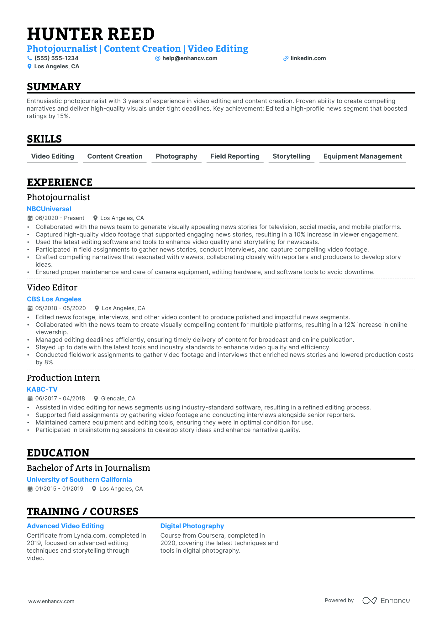 Photojournalist resume example