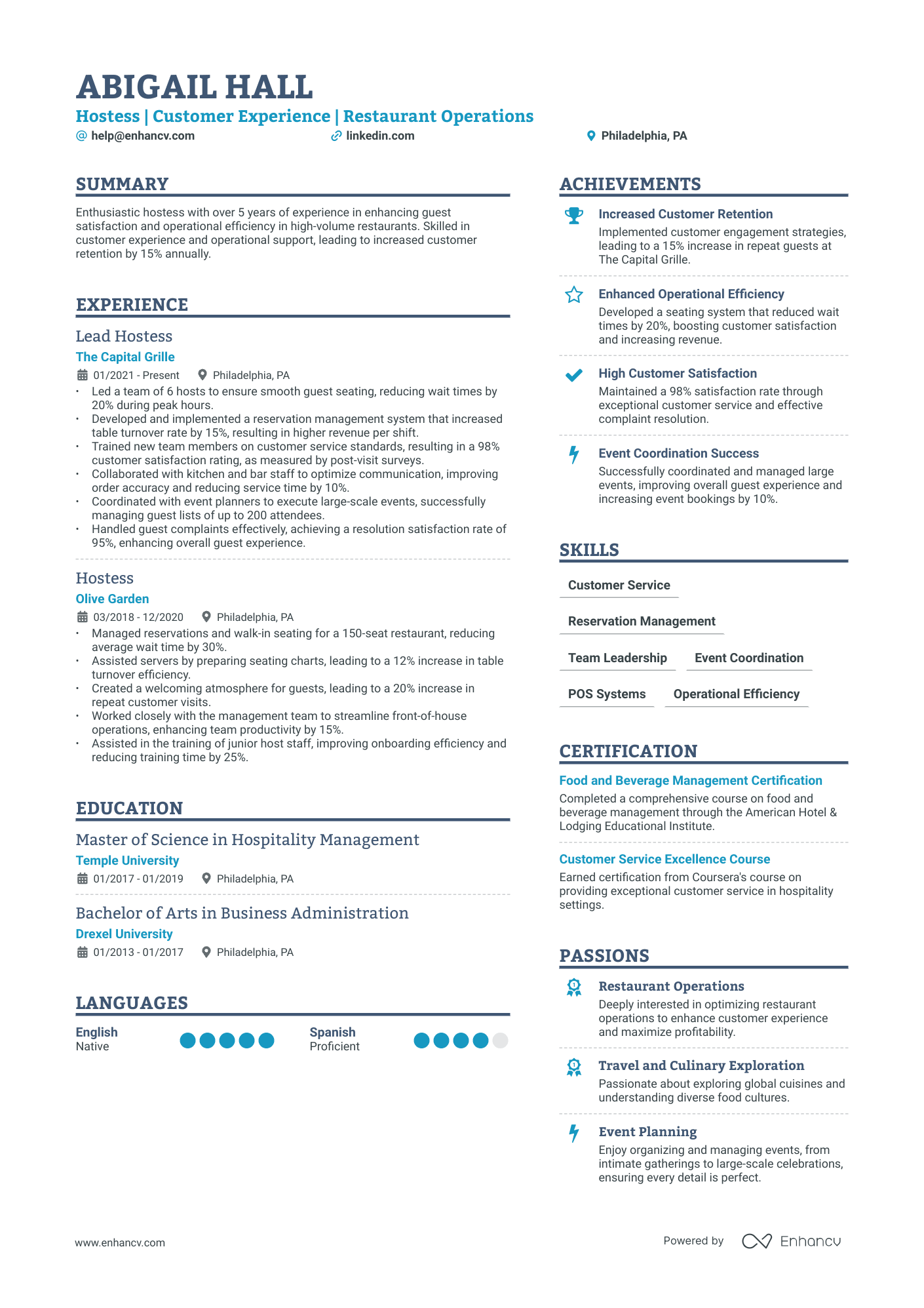 Hostess resume example