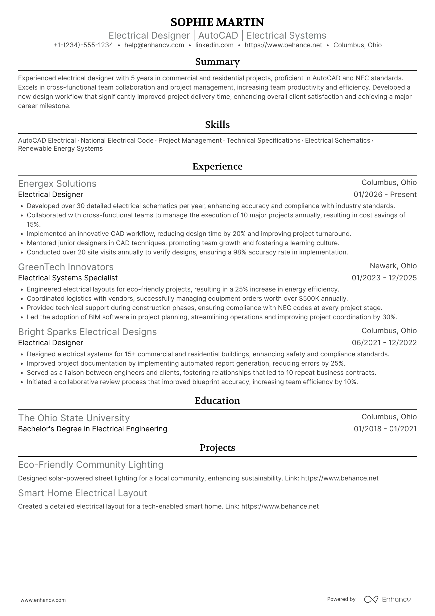 Electrical Designer resume example