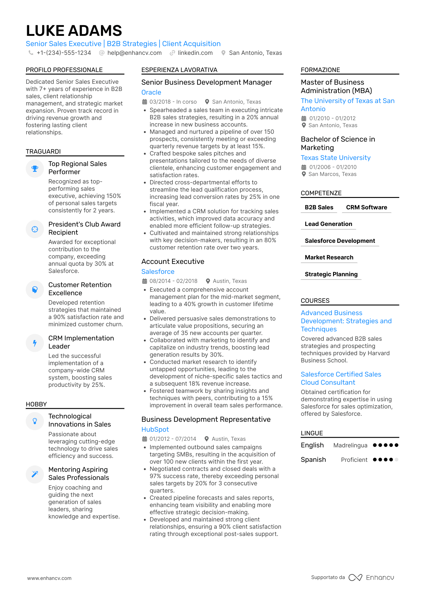 A three column resume template with an image in the header. Perfect if you have lots of experience to show on your resume. Blue colored accents.