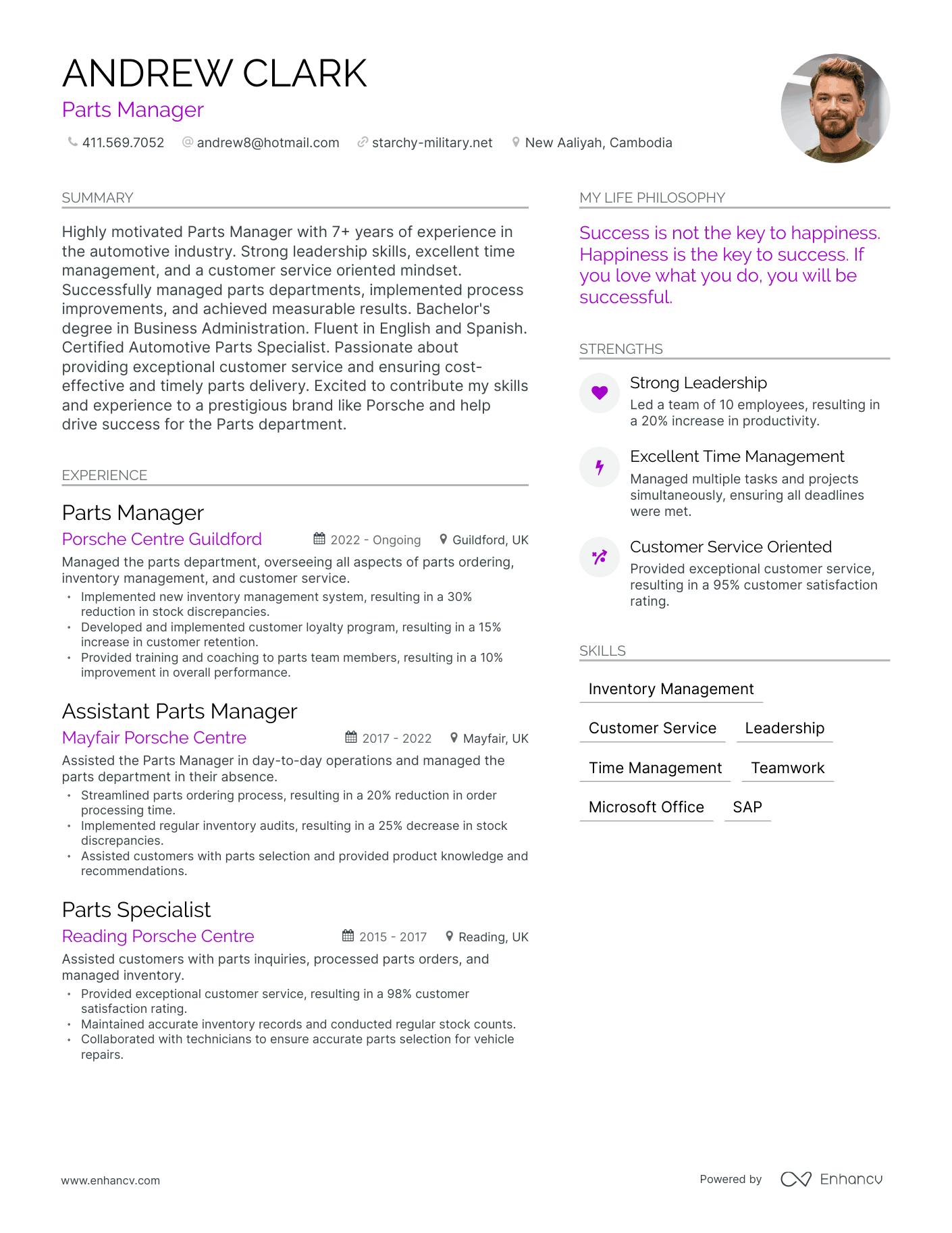 Modern Parts Manager Resume Example