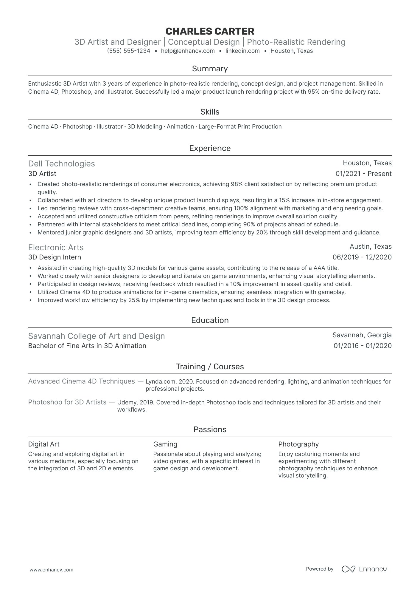 3D Graphic Artist resume example