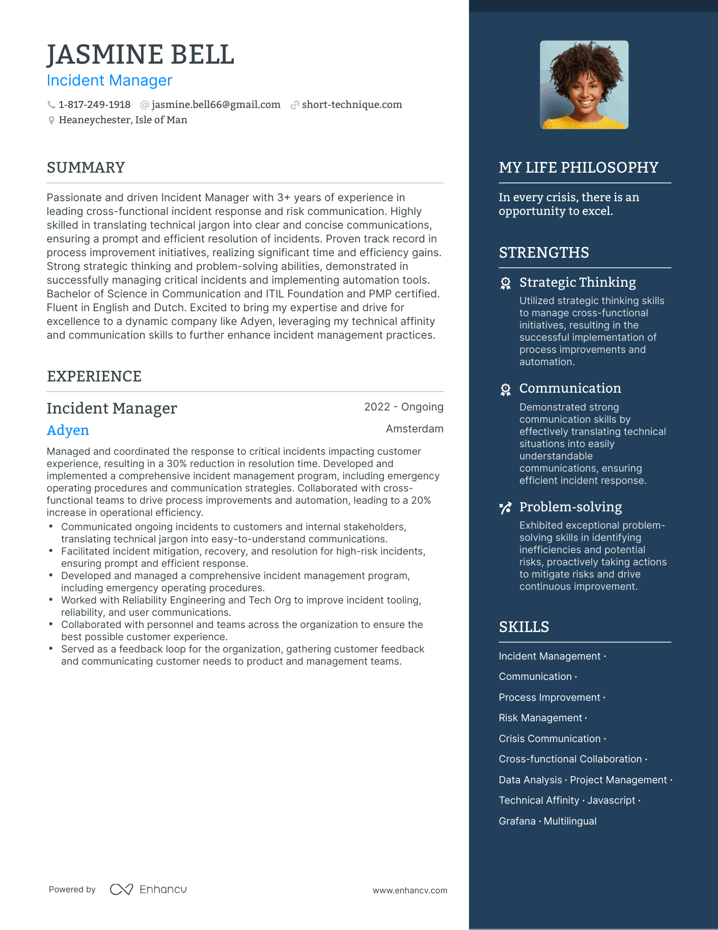 Incident Manager resume example
