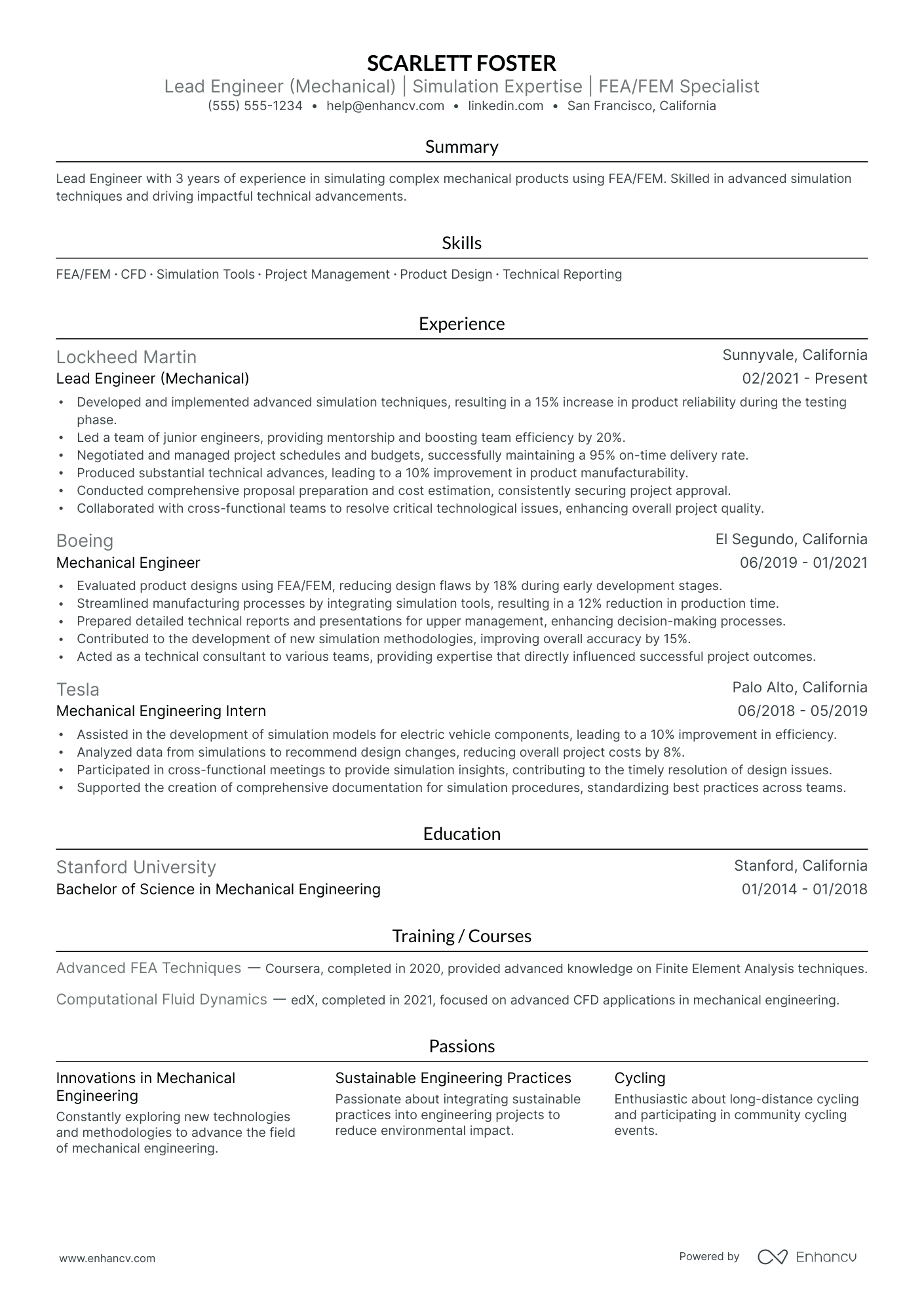 Lead Mechanical Engineer resume example